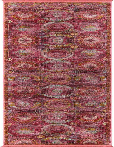 A 13 ft runner rug in shades of pink, featuring a distressed bohemian medallion pattern with subtle hints of yellow and blue.
