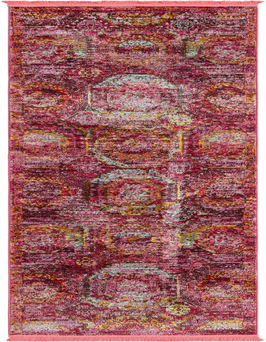 A vibrant 8 ft pink runner rug with a distressed bohemian medallion pattern in shades of pink, teal, and gold, suitable for a hallway.