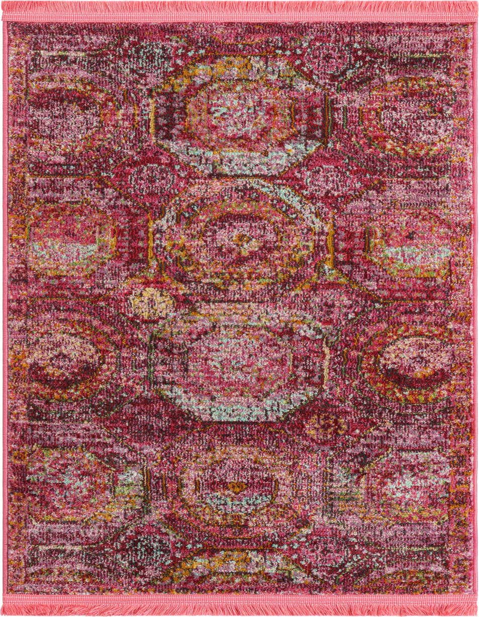 A 4 ft runner rug in shades of pink, featuring a distressed transitional medallion pattern with subtle bohemian accents.