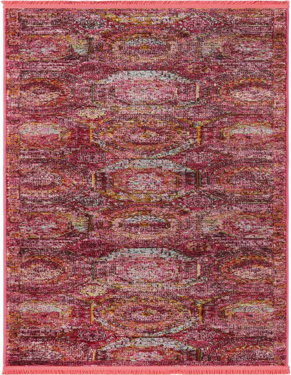 A 7 ft runner rug in shades of pink, featuring a distressed medallion and bohemian pattern, perfect for a hallway.