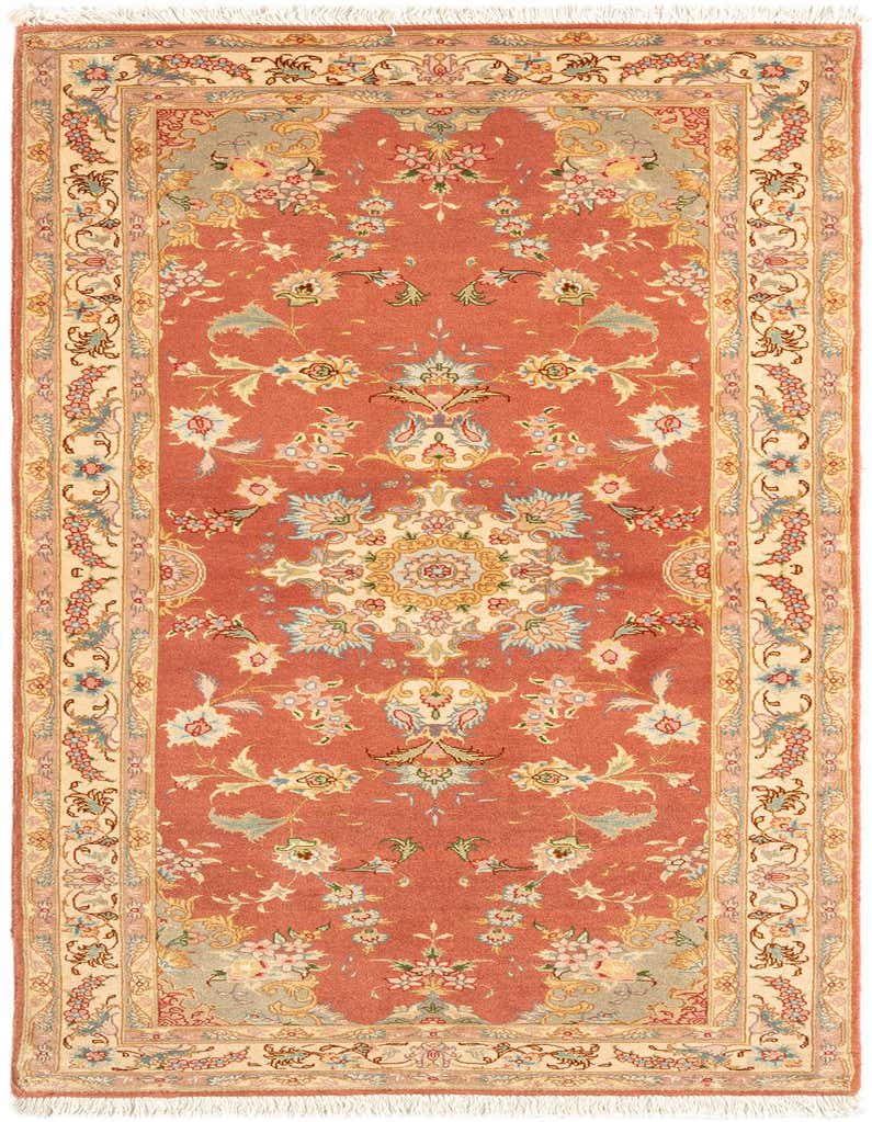 A handmade 7 ft runner rug in traditional Persian style, featuring a pink field with intricate floral patterns and a cream border.