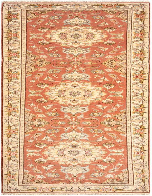 A 10 ft runner rug in a traditional Persian pattern, featuring a coral pink field with intricate cream, blue, and green floral motifs, ideal for a hallway.