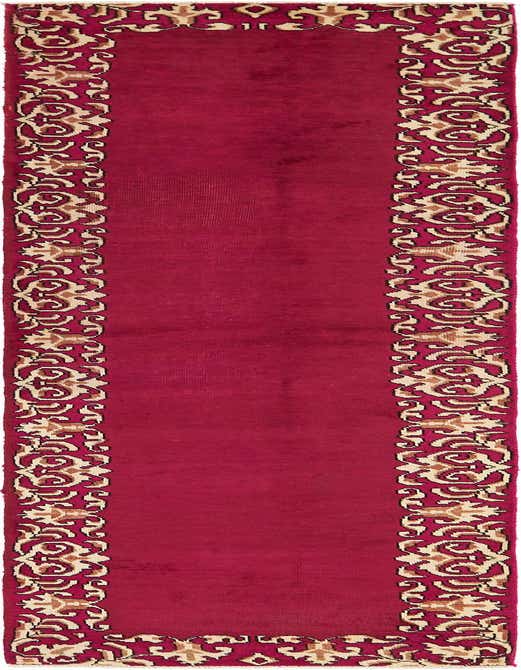 A long 11 ft runner rug in a rich pink hue, featuring an intricate traditional Persian border pattern in cream and brown.
