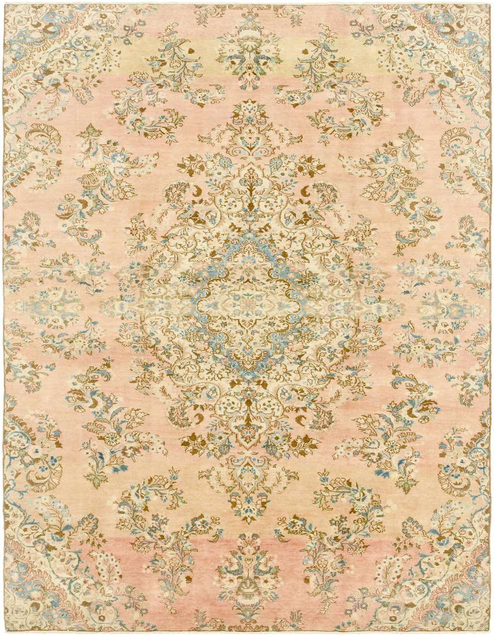 A 13 ft runner rug in shades of pink, featuring an intricate traditional Persian medallion and botanical pattern.