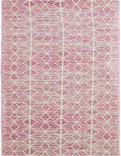 A 14 ft runner rug in shades of pink with a repeating modern geometric pattern of white outlined diamonds, ideal for a hallway.