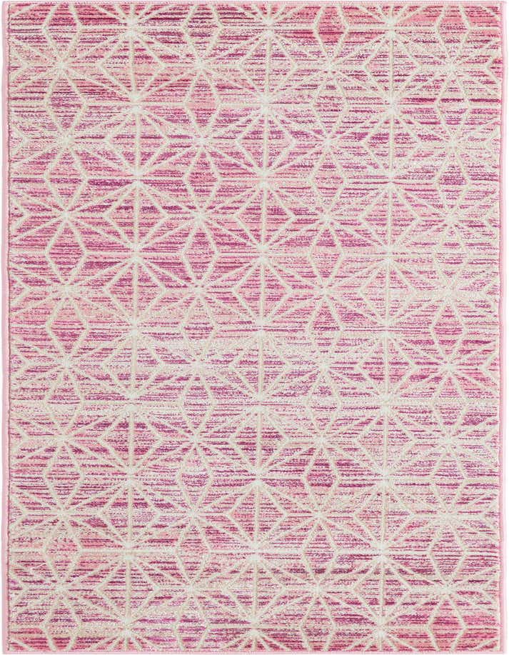 A 6 ft runner rug featuring a modern geometric pattern in various shades of pink and white, ideal for a hallway or patio.