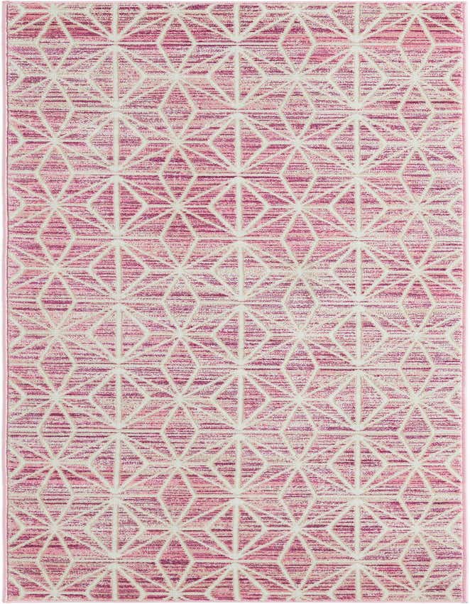 A pink and white 8 ft runner rug with a modern geometric diamond pattern, ideal for a hallway.