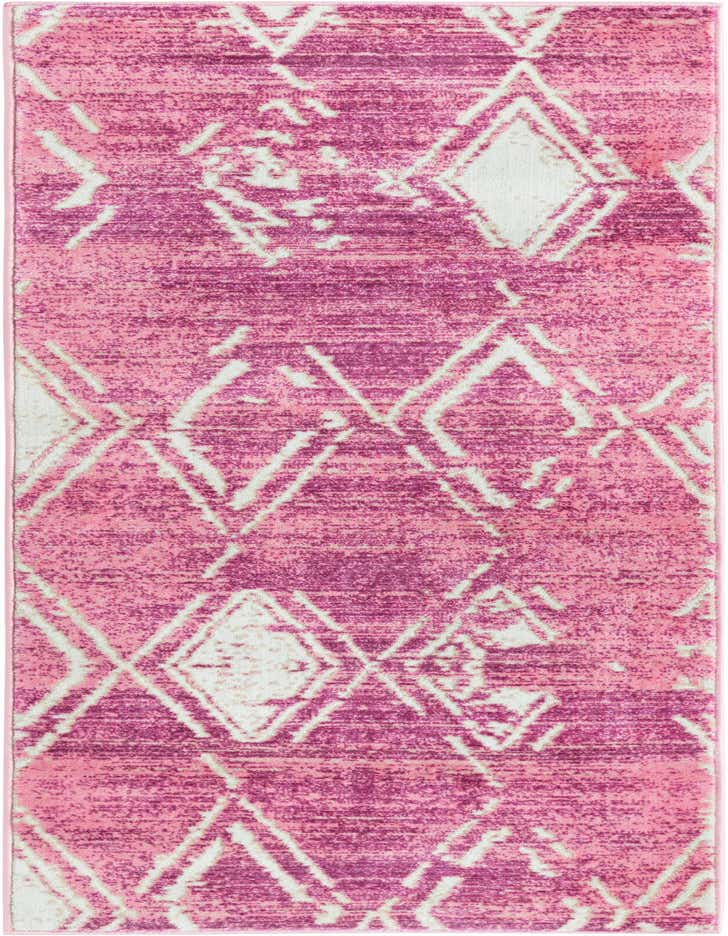 A 6 ft runner rug in shades of pink with a modern geometric diamond pattern, suitable for a hallway.