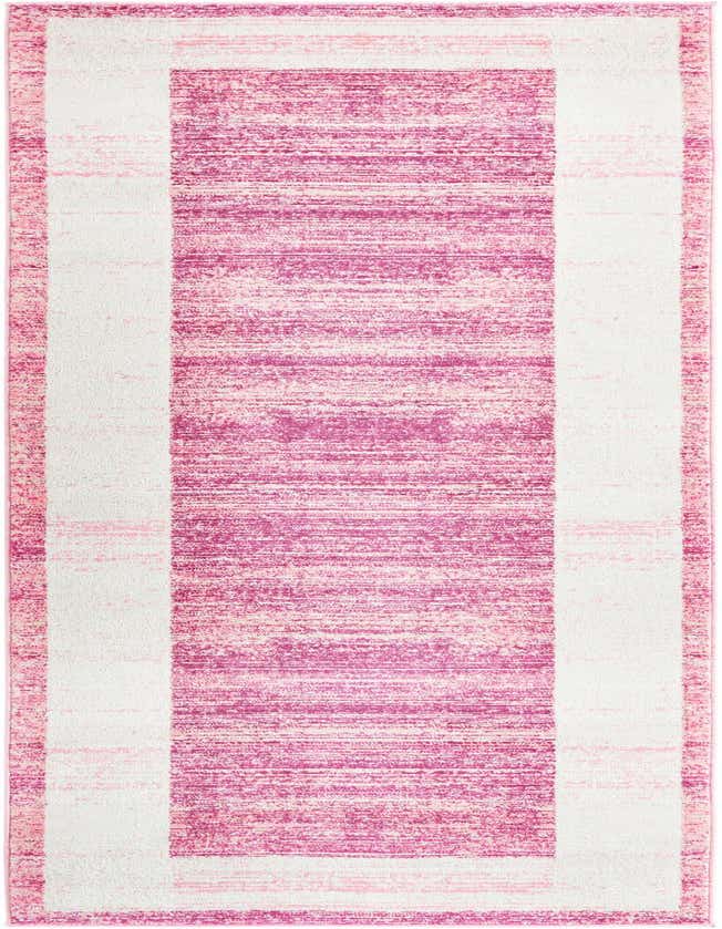 A vibrant 8 ft pink runner rug with a contemporary distressed pattern and white border, ideal for a hallway.