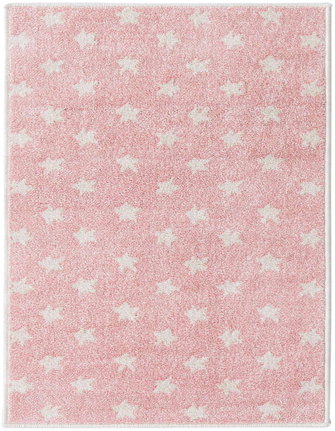 A 4 ft runner rug in light pink with a repeating pattern of off-white stars, perfect for a child's hallway.