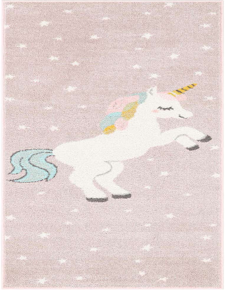 Pink runner rug with a large white unicorn, rainbow mane, and blue tail, surrounded by small white stars.