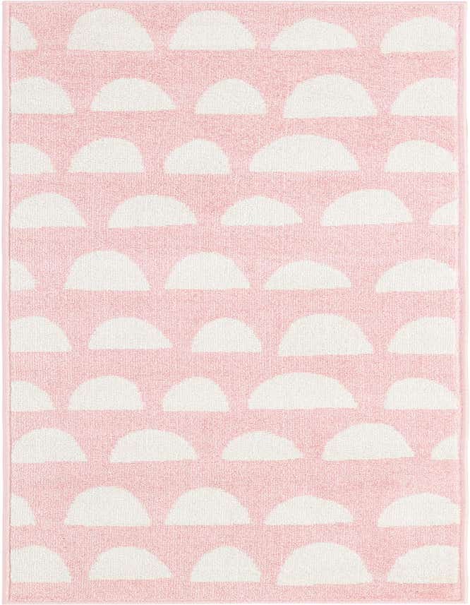 A 6 ft runner rug from the Whimsy Kids collection, featuring a modern abstract pattern of white half-circles on a soft pink background.