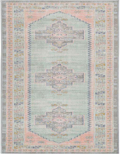 A pink and light green 8 ft runner rug with a distressed tribal medallion pattern, ideal for a hallway.