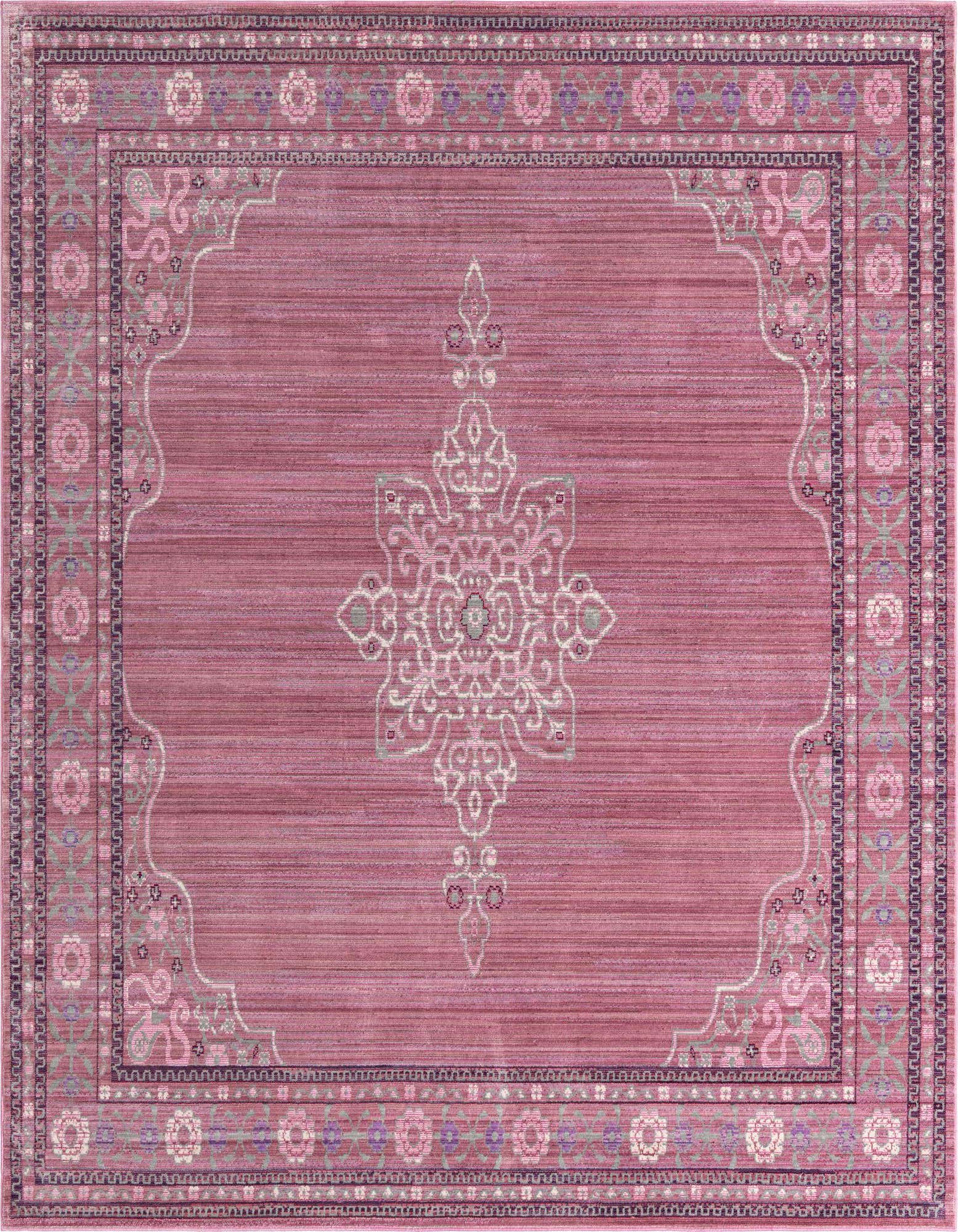A square pink Bohemian rug with a central medallion and floral borders, perfect for an indoor living space.