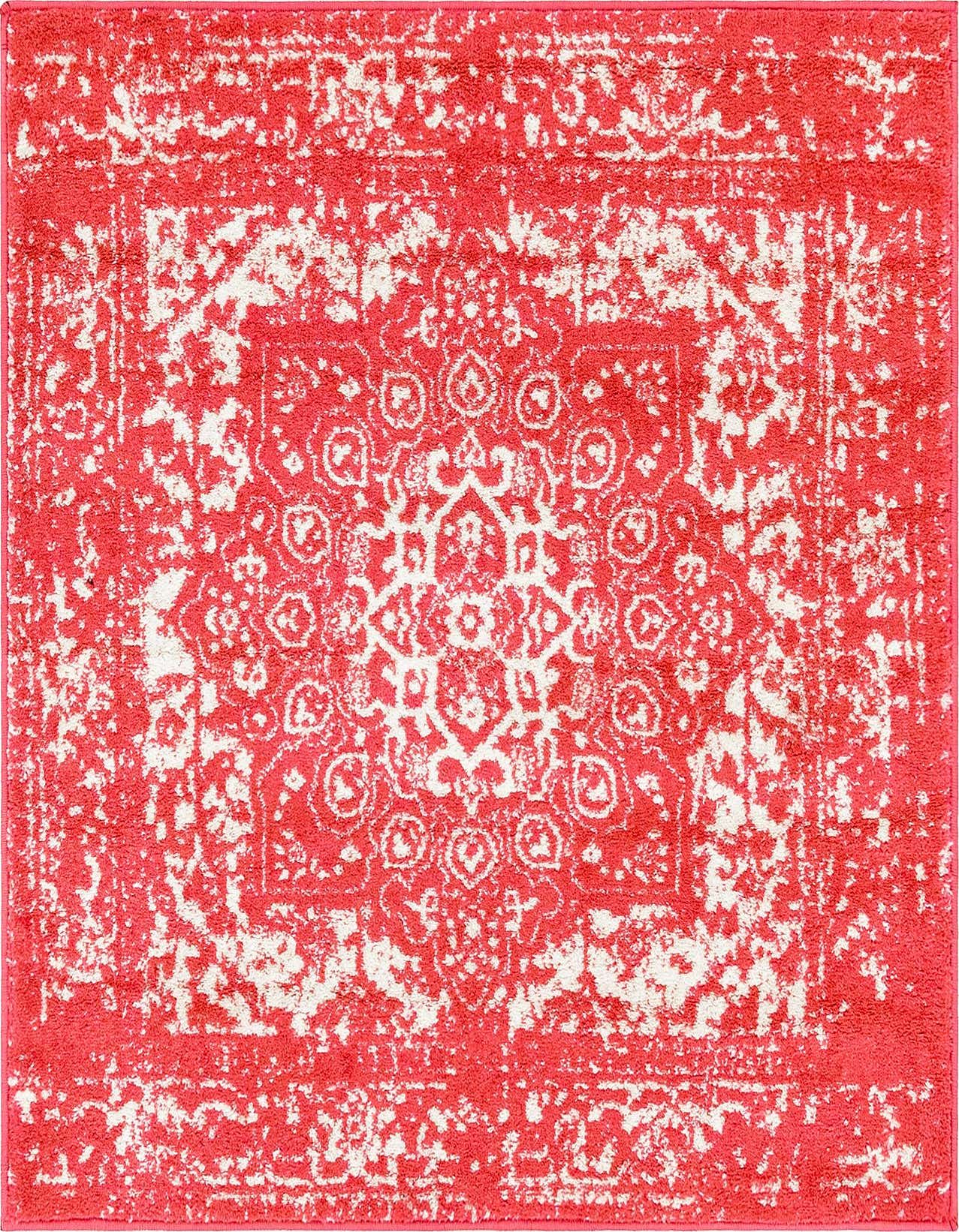 A 4'x4' square pink and white rug with a distressed traditional medallion pattern, ideal for an indoor living space.