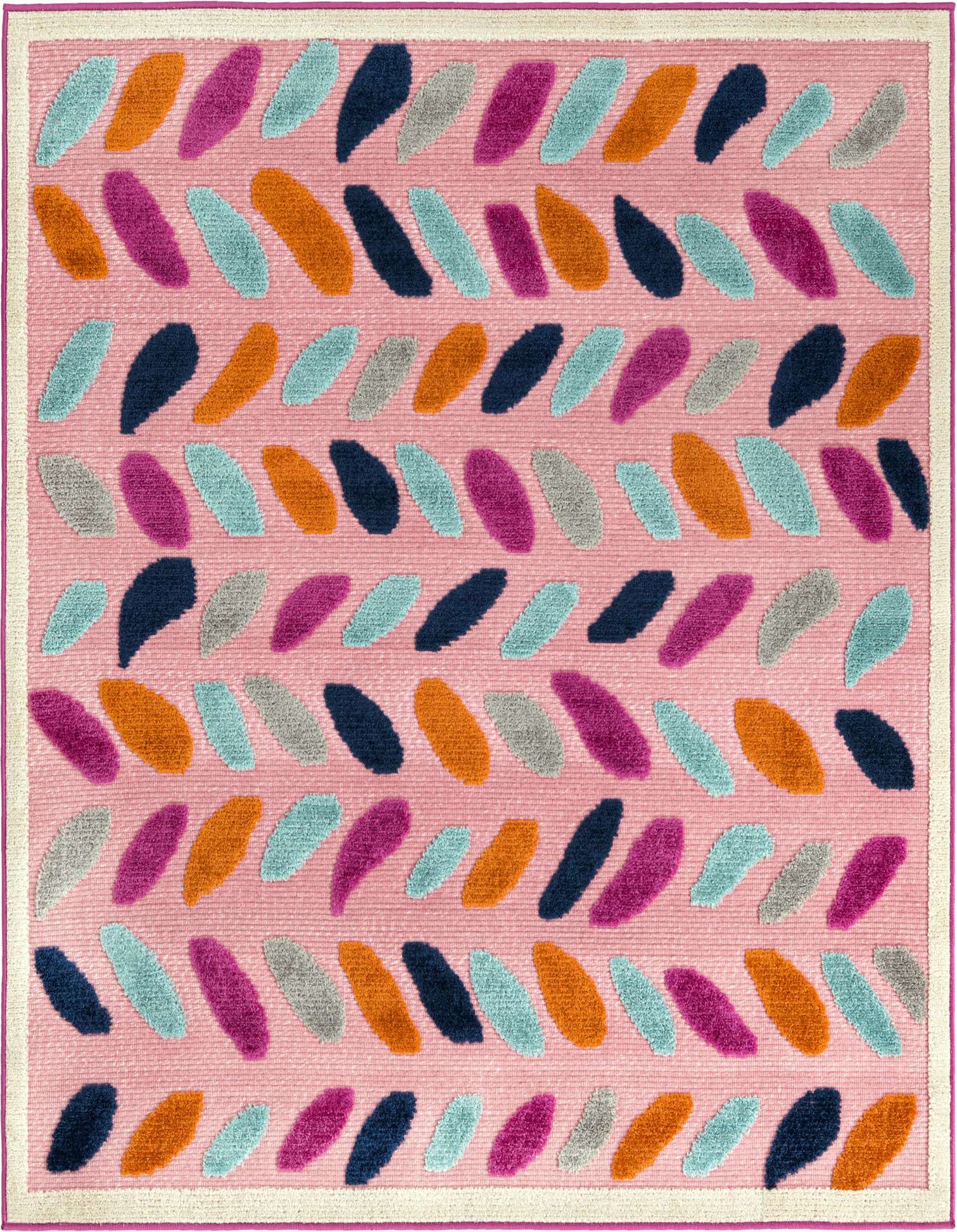 A 5' 3" x 5' 3" square pink outdoor rug with a modern bohemian leaf pattern in orange, teal, navy, and magenta.