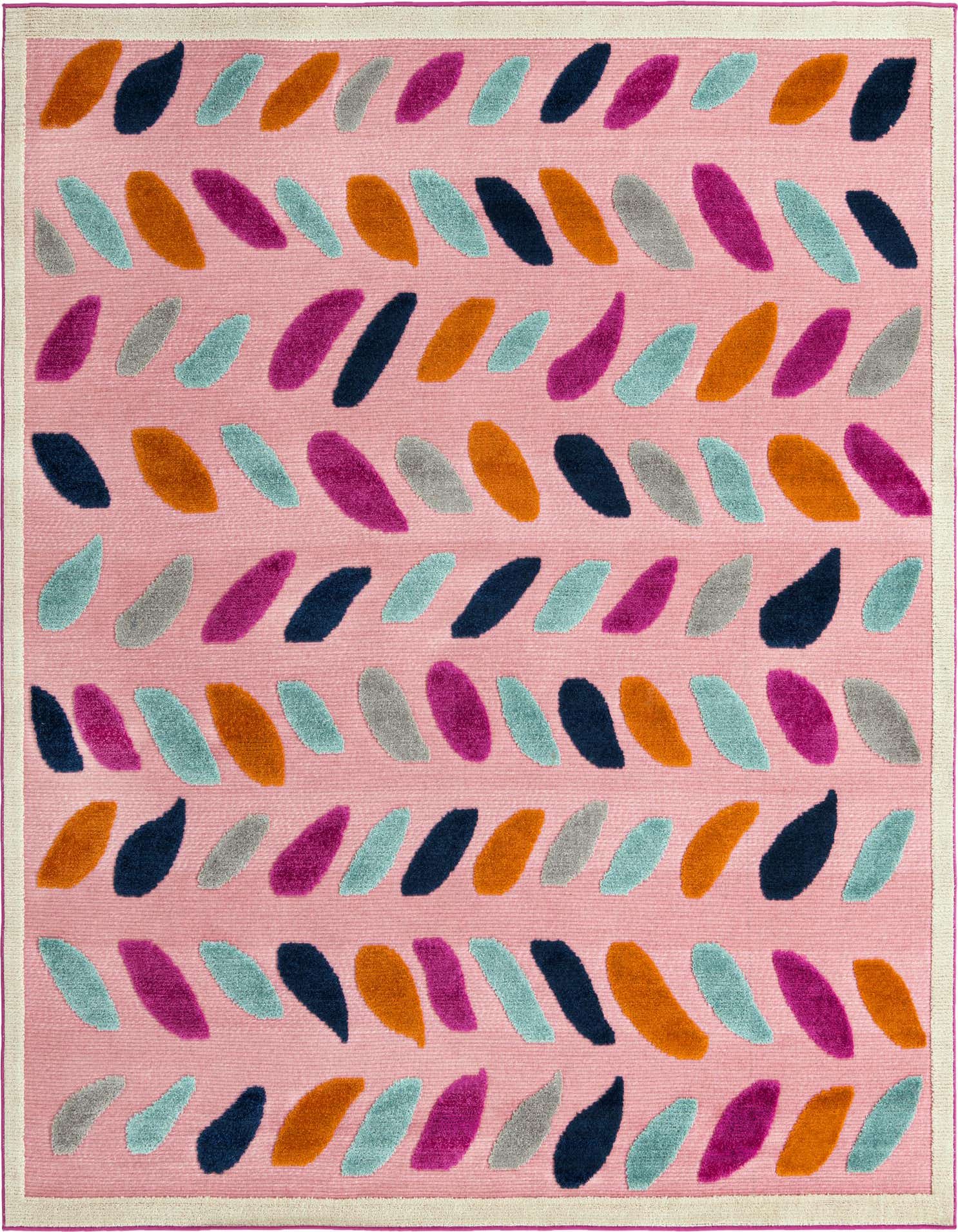 A 7' 10 x 7' 10 square pink rug with a modern bohemian leaf pattern in teal, orange, navy, gray, and fuchsia, ideal for a patio.