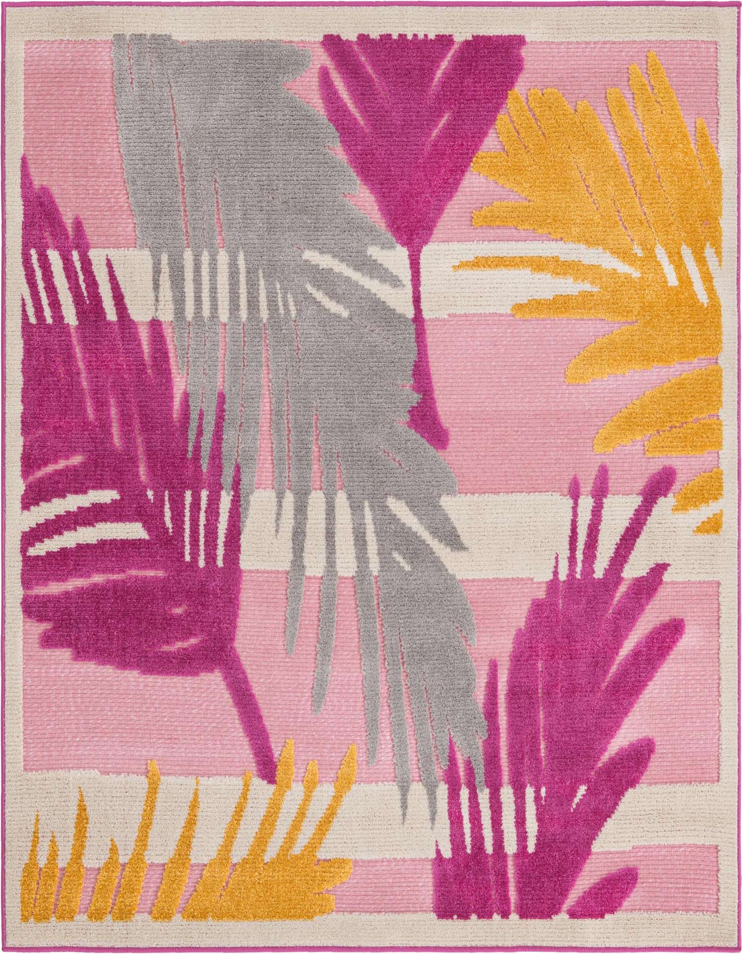 A square pink, grey, and yellow tropical rug featuring large palm leaves over light and dark pink stripes, ideal for a patio.
