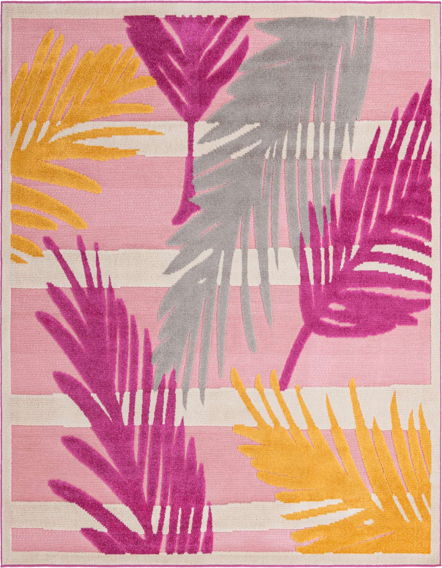 A square pink outdoor rug with a modern tropical pattern of fuchsia, gray, and gold palm leaves over horizontal stripes.