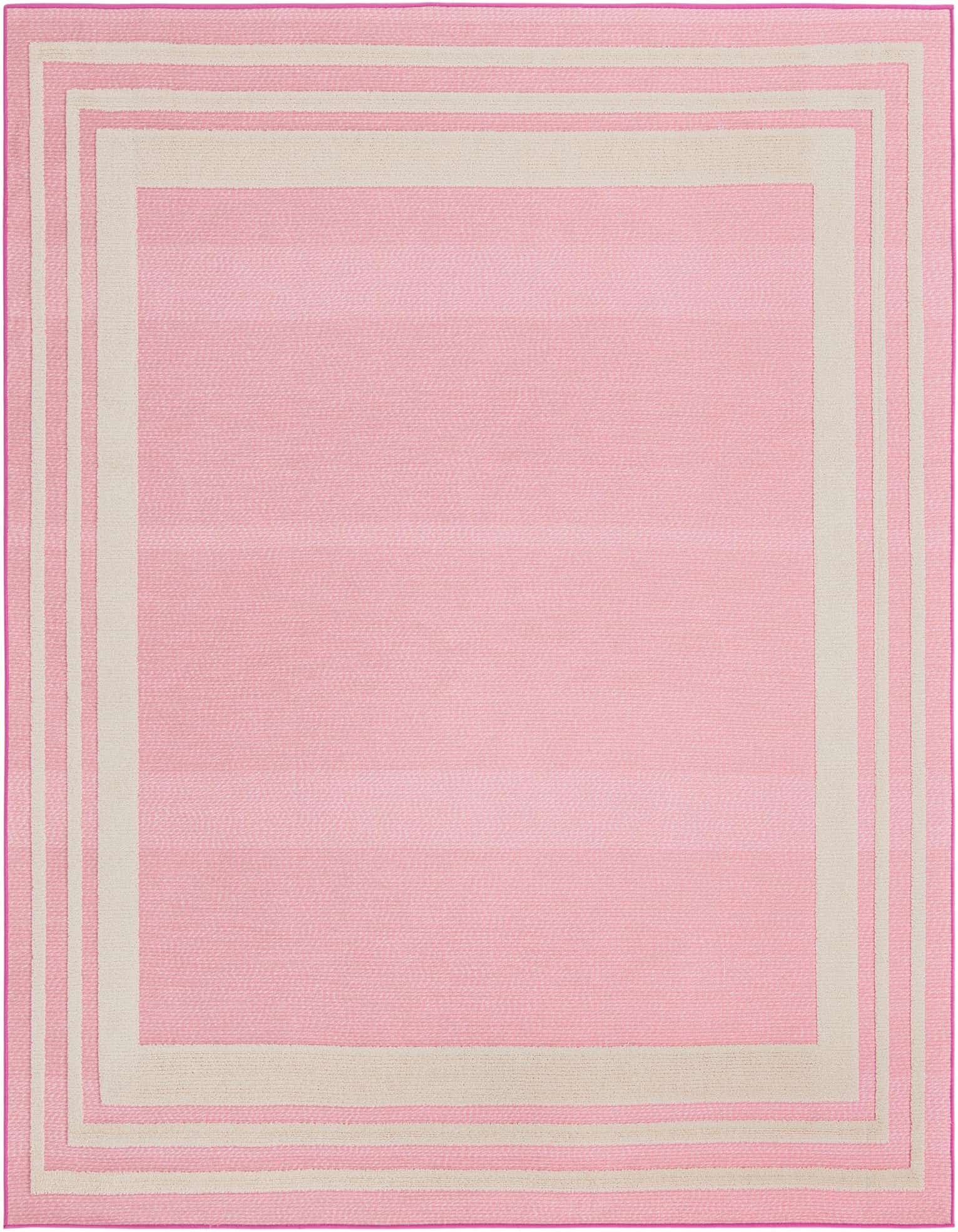 A 7' 10 x 7' 10 square pink indoor/outdoor rug with a subtle textured pile and a light beige border.
