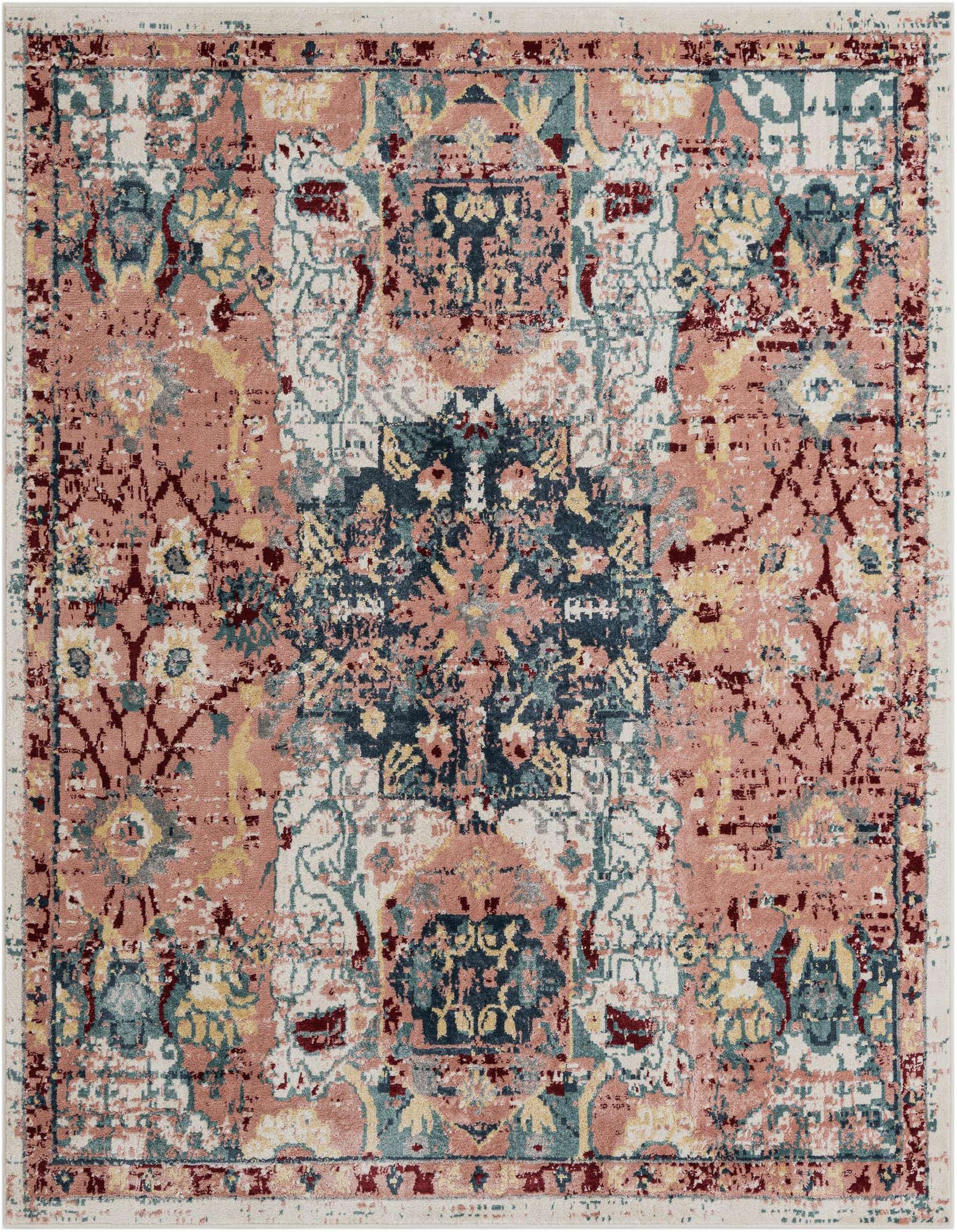 A square 8' x 8' Charleston collection rug featuring a distressed transitional pattern in pinks, blues, and creams.