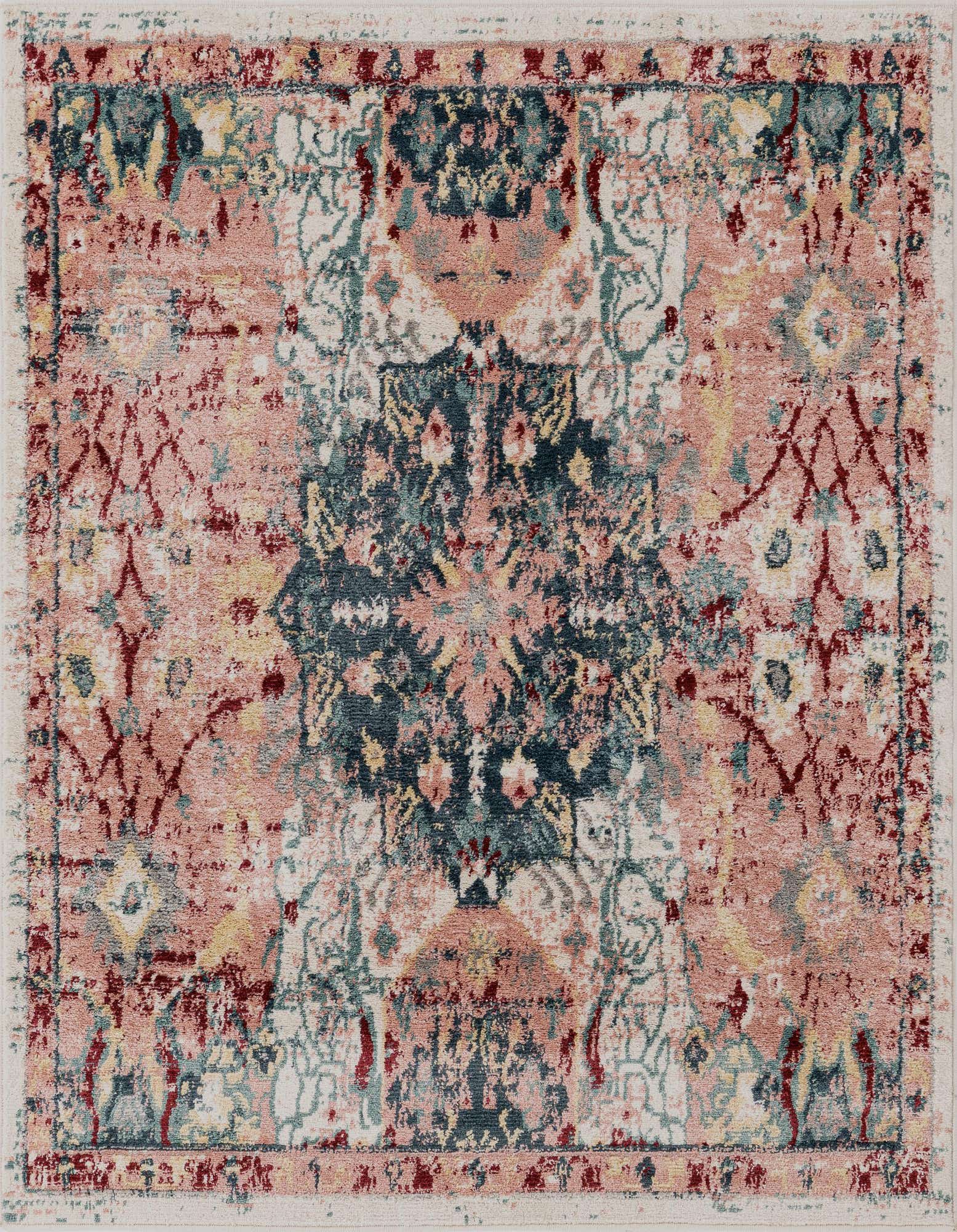 A 5'x5' square pink transitional rug with a distressed medallion pattern in shades of pink, teal, and yellow.