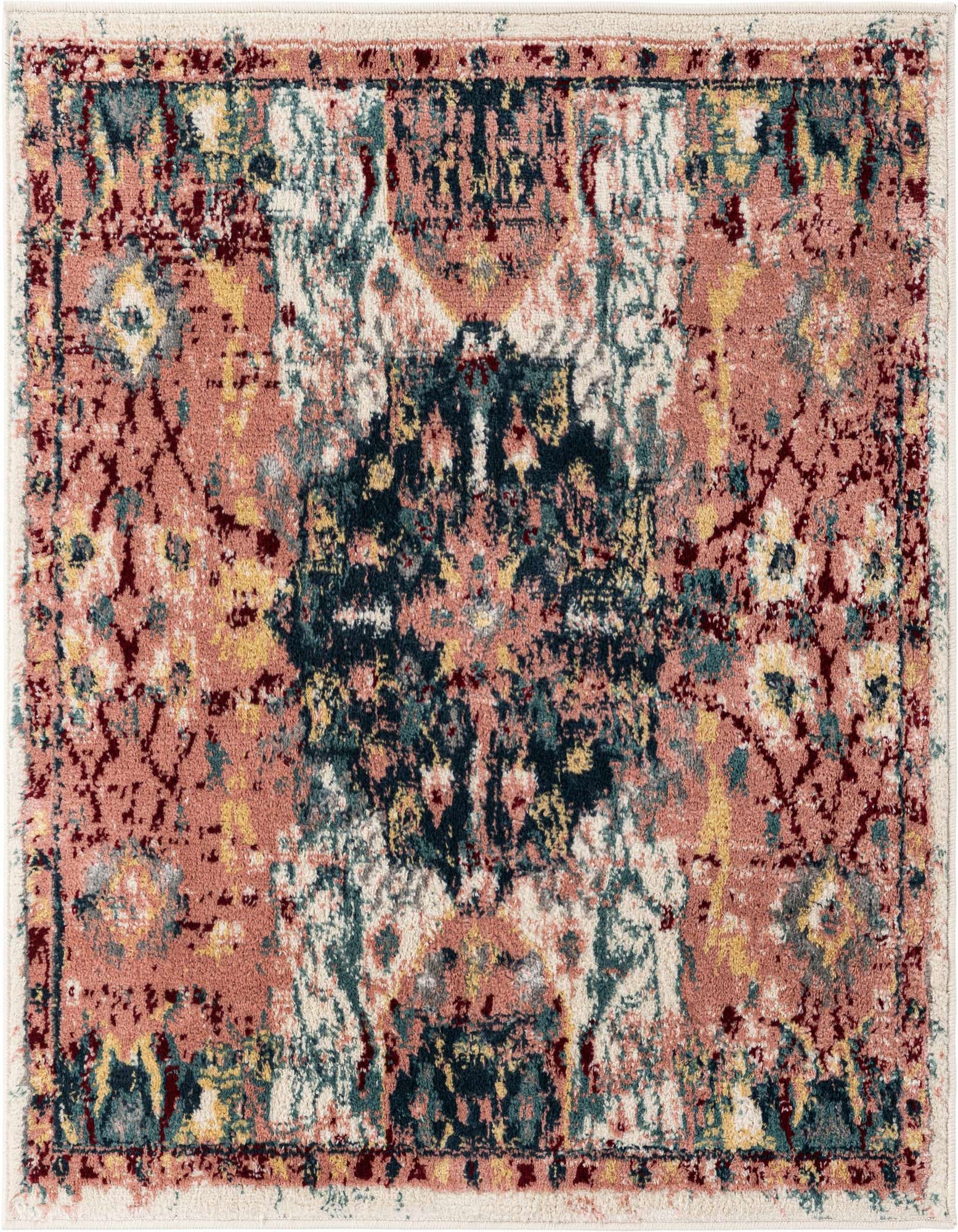 A 3' 3 x 3' 3 square Charleston rug featuring a distressed transitional pattern in shades of pink, teal, gold, and cream.