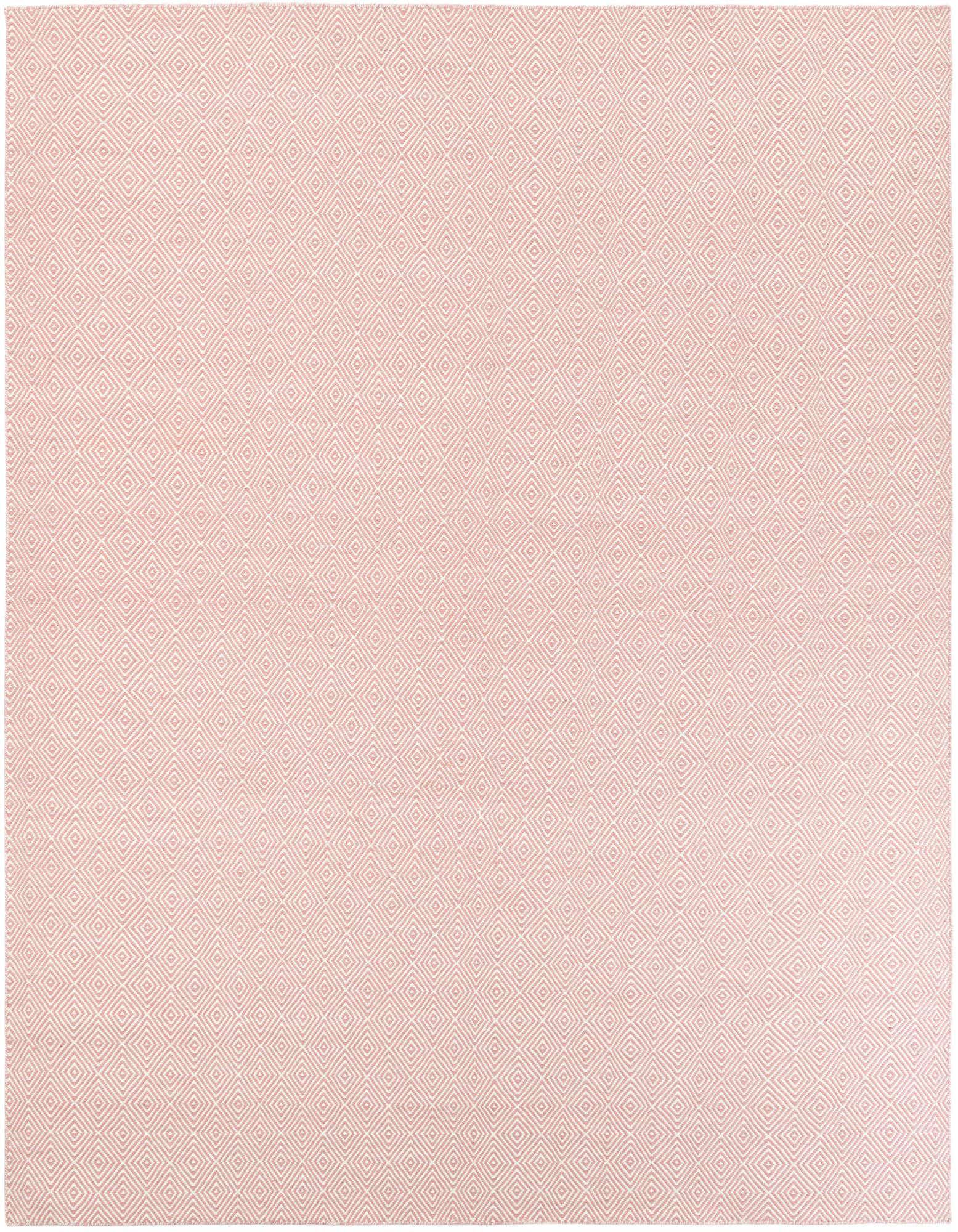 A 10'x10' square pink flatweave rug with a repeating modern trellis diamond pattern.