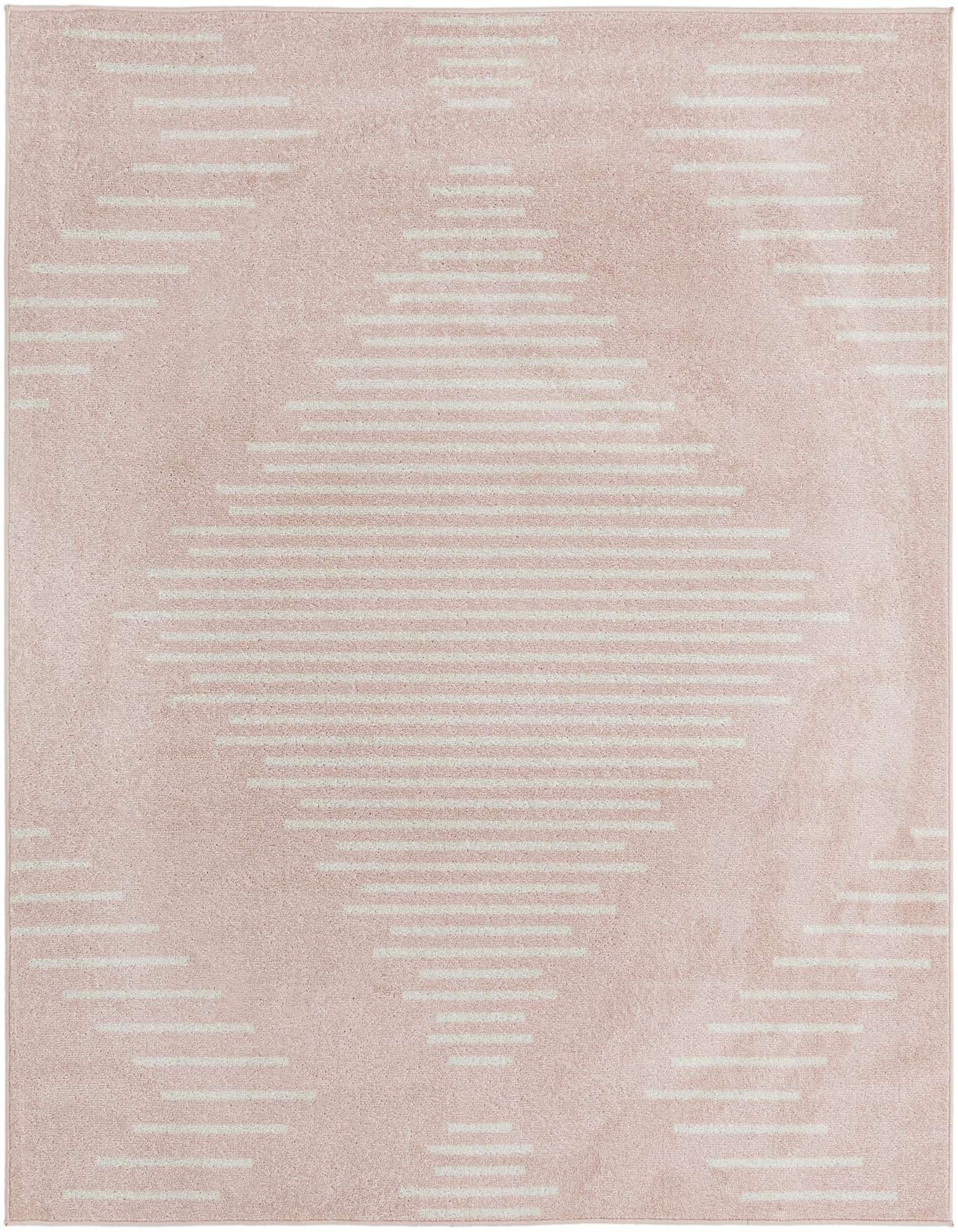 A 7' 0 x 7' 0 square pink Kai rug with a modern white striped diamond pattern, suitable for indoor spaces.