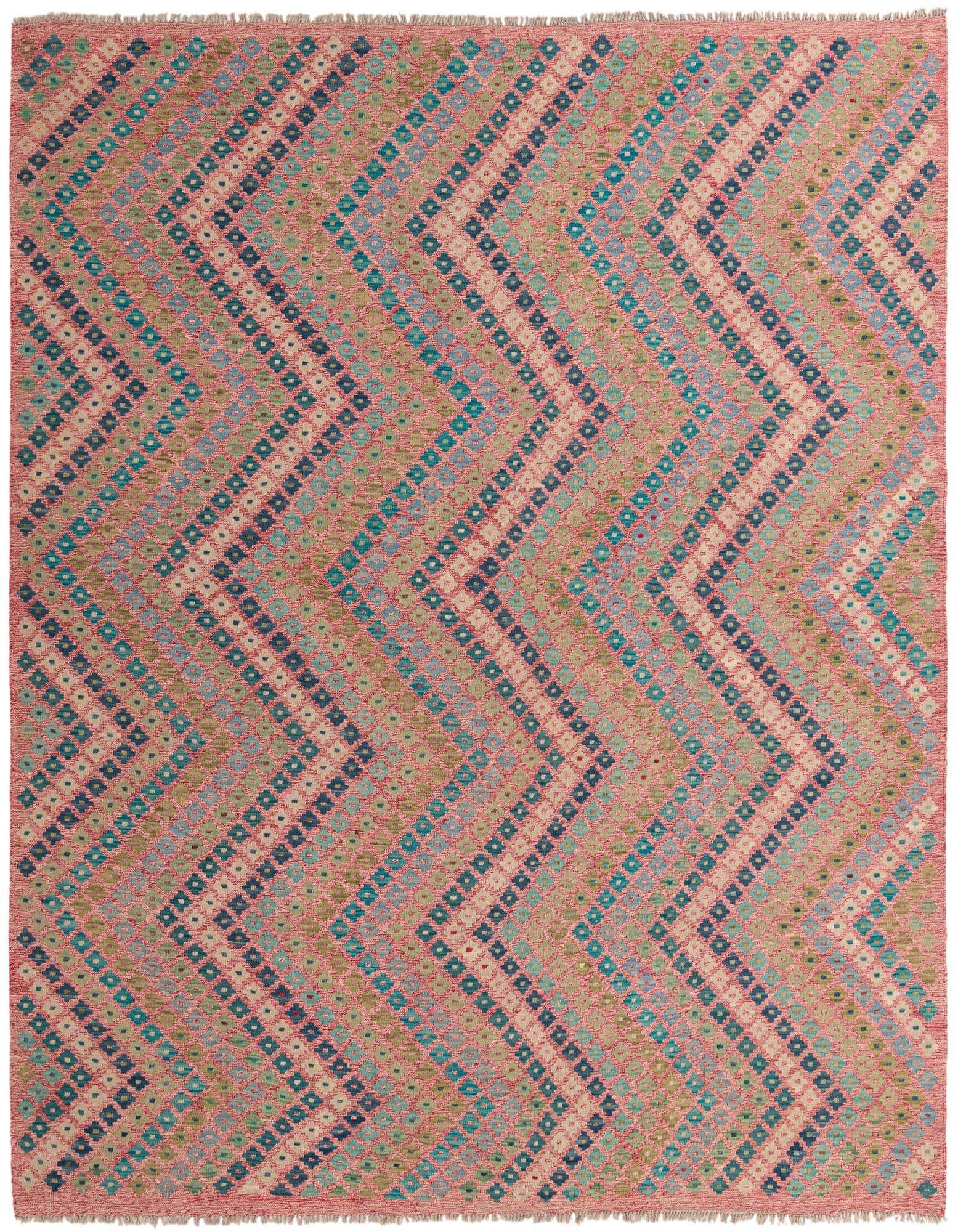 A square Kilim Modern wool rug, 9'0 x 9'3, featuring a tribal chevron pattern in various shades of pink, blue, and green.