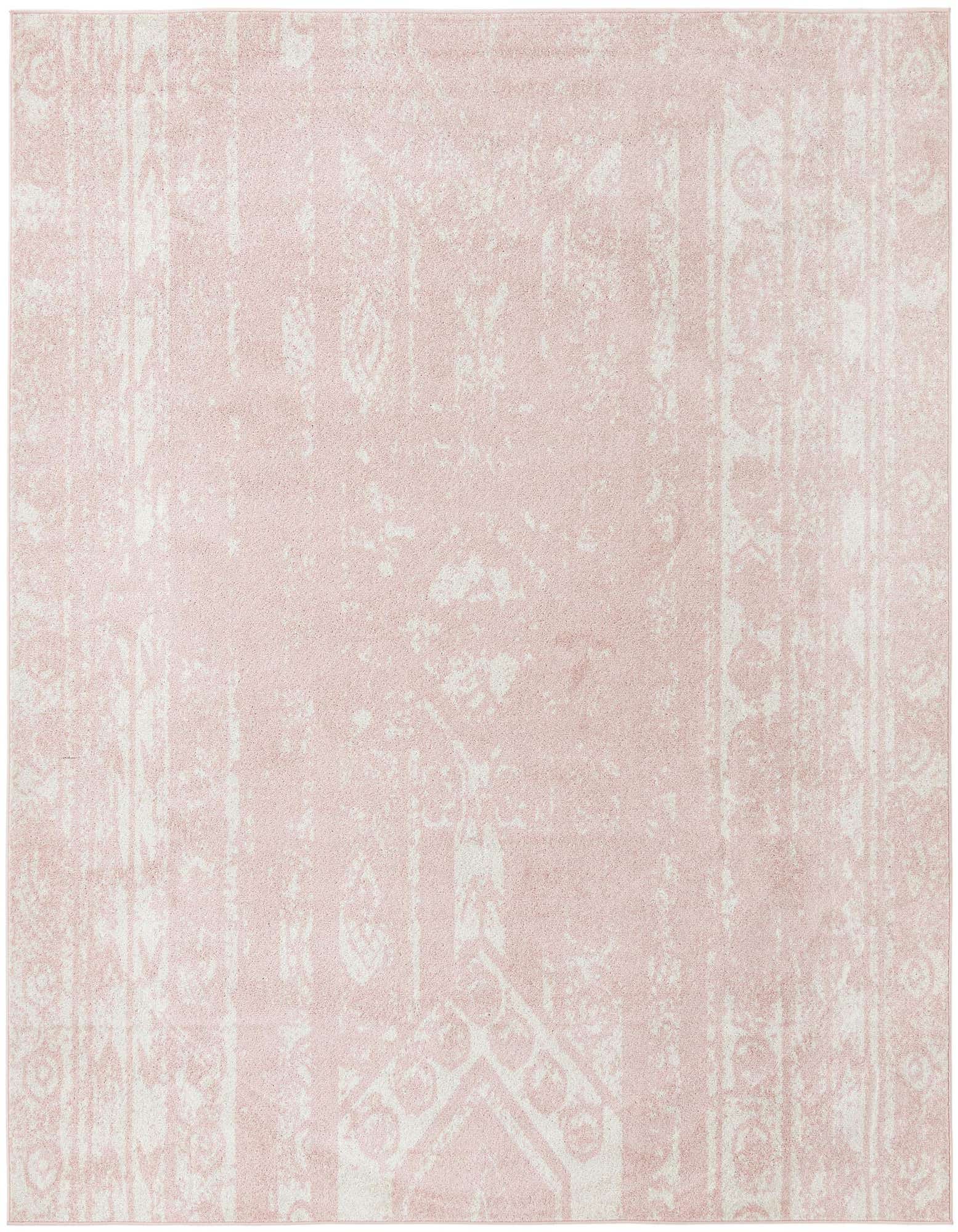A 10'x10' square pink area rug with a faded Southwestern and tribal pattern, featuring light pink and white distressed details.