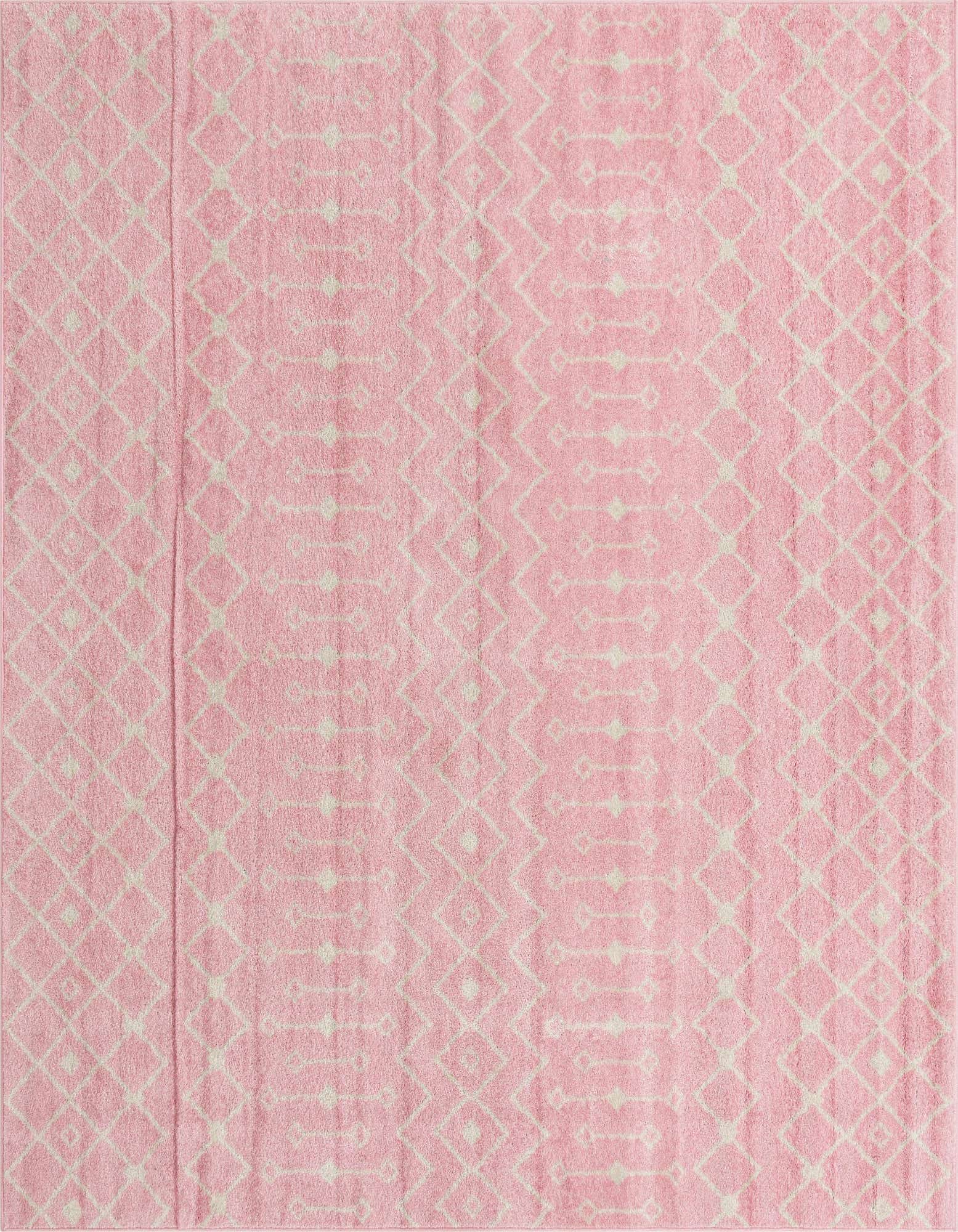 A 10'x10' square pink polypropylene rug with a light beige Bohemian trellis pattern, suitable for an indoor living space.