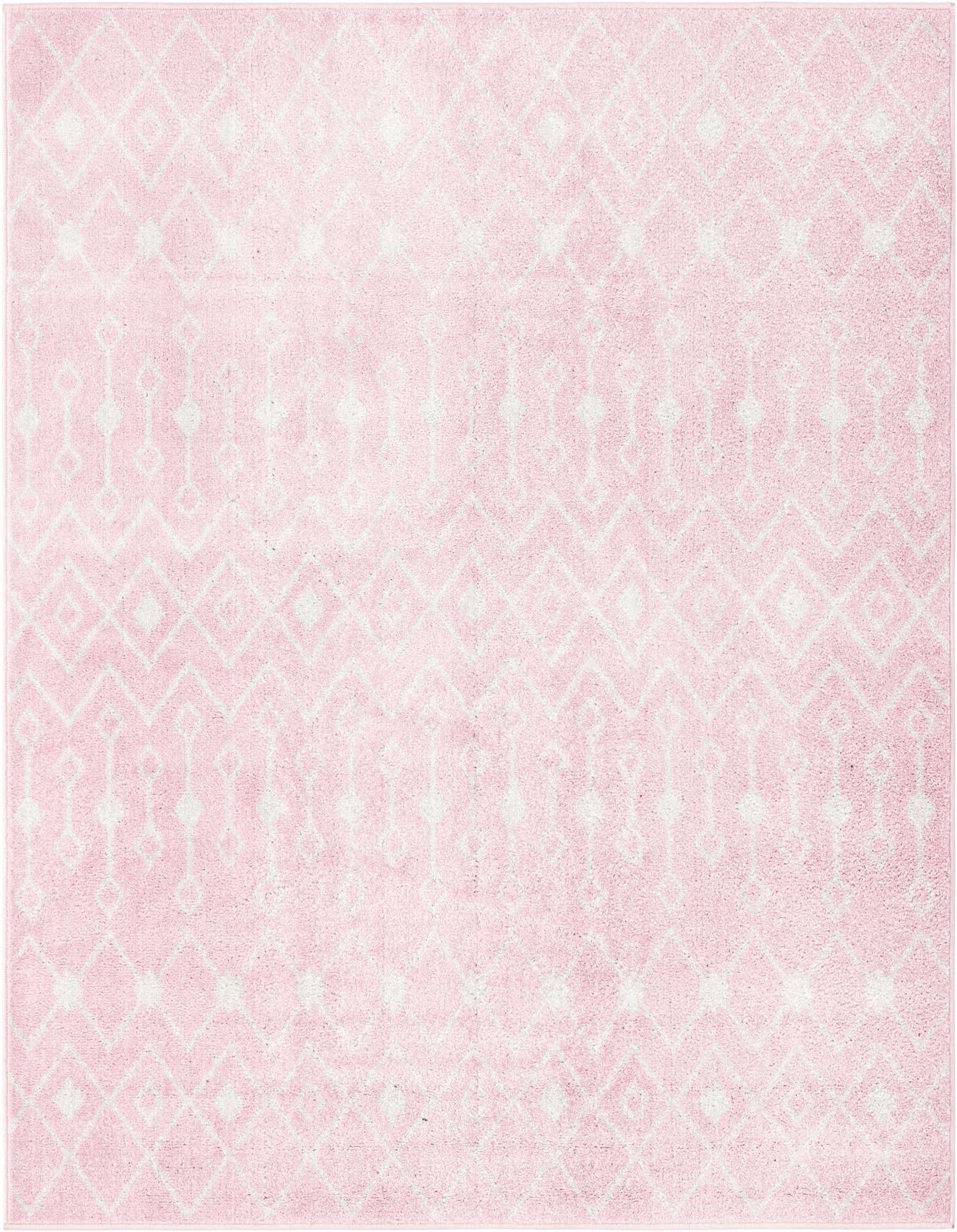 A 6'x6' square pink area rug with a white Moroccan trellis pattern, suitable for a bedroom or living room.