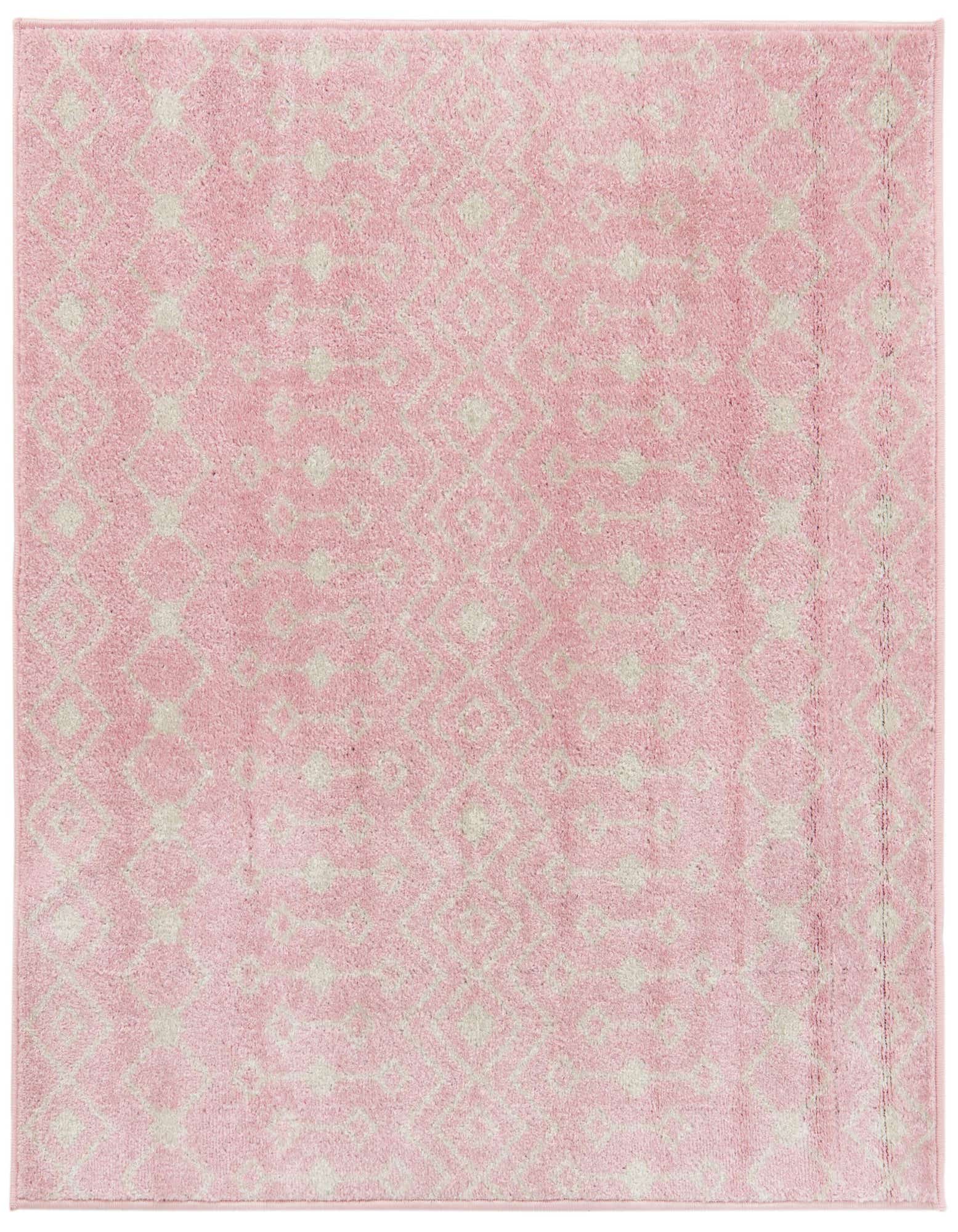 A 4'x4' square pink area rug with a subtle off-white Moroccan trellis pattern, suitable for an indoor living space.