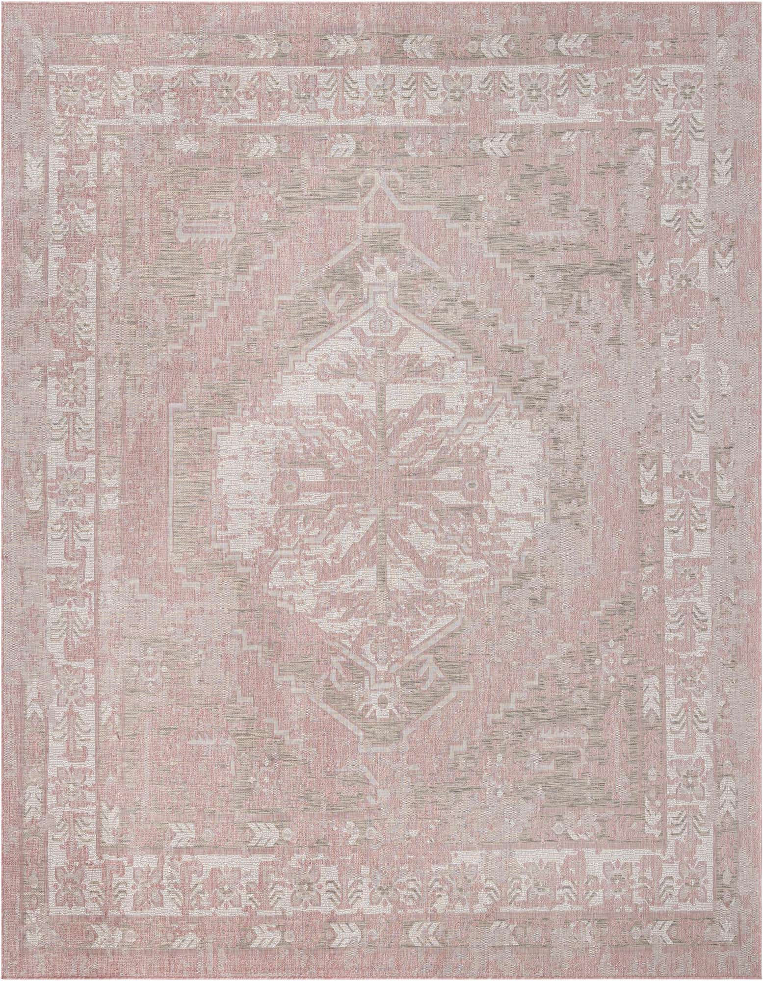 A 13' square pink Southwestern rug with a faded traditional pattern, suitable for indoor or outdoor use.