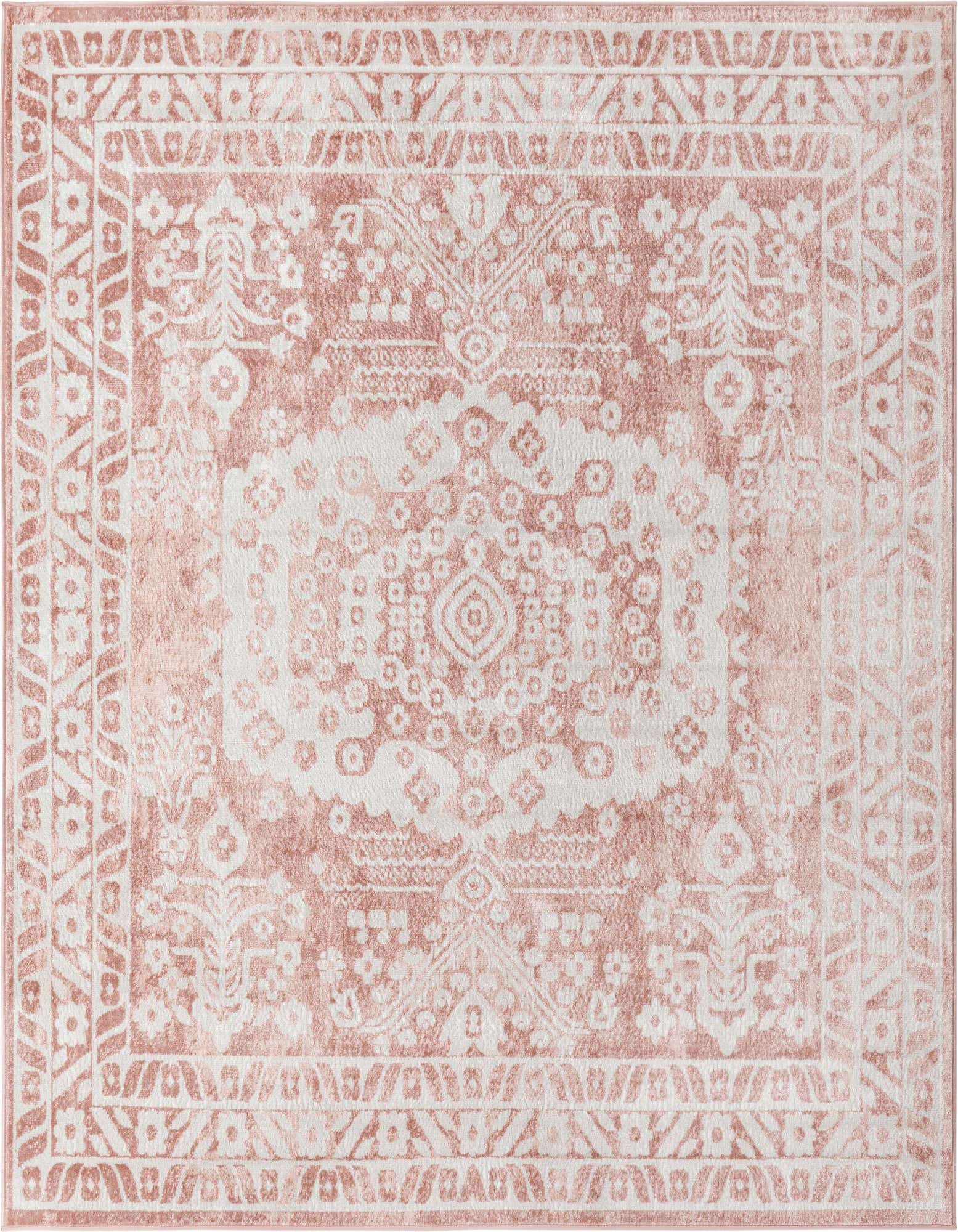 A 7' 10 x 7' 10 square pink and white bohemian area rug with a vintage medallion pattern.