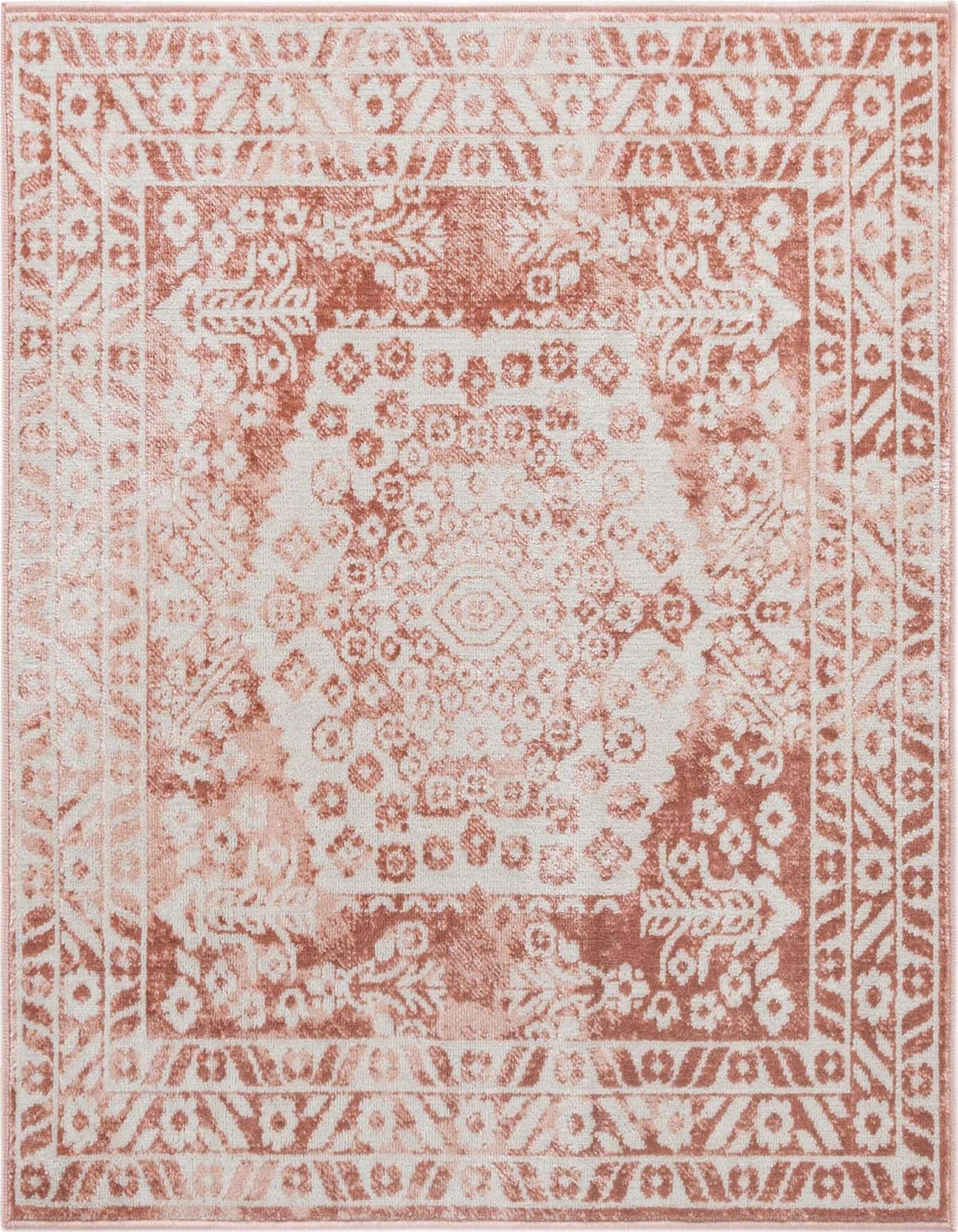 A 4'x4' square pink bohemian rug with a distressed medallion and botanical pattern, perfect for an indoor living space.