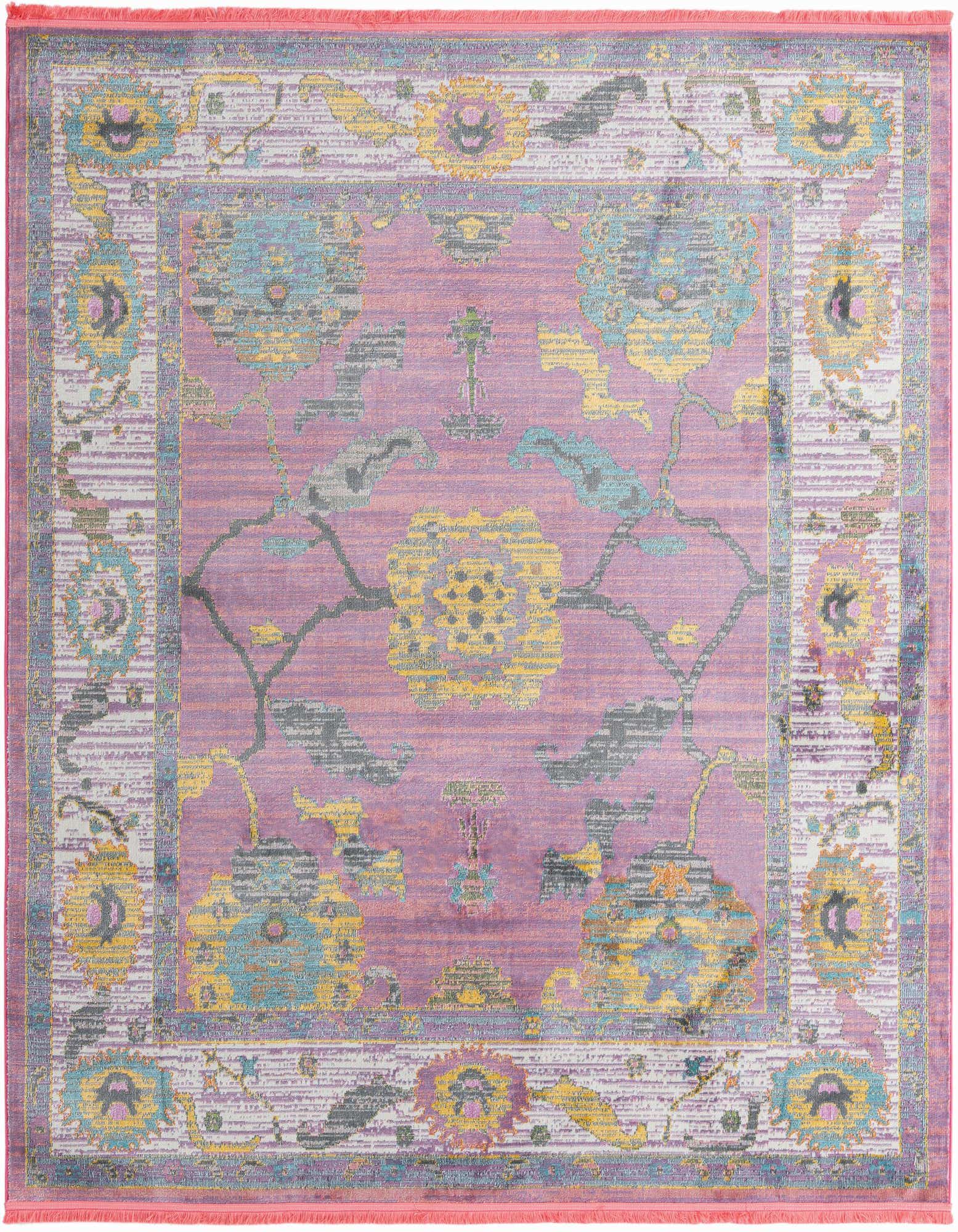 A square 8' 2 x 8' 2 pink traditional area rug with a vintage medallion and floral pattern in yellow, blue, and purple.