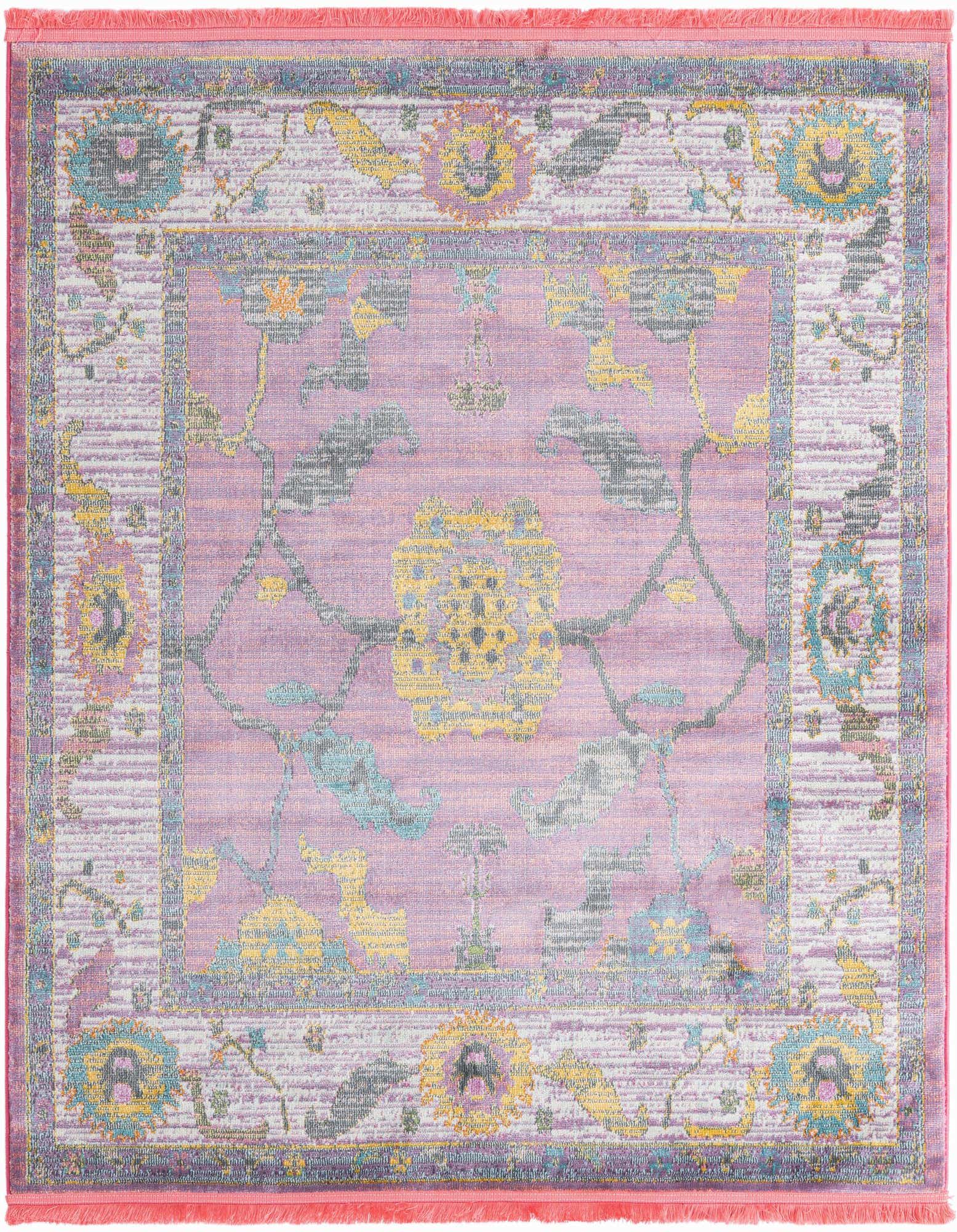 A 5' 5 x 5' 5 square pink traditional rug with a vintage medallion pattern in purple, yellow, and blue.