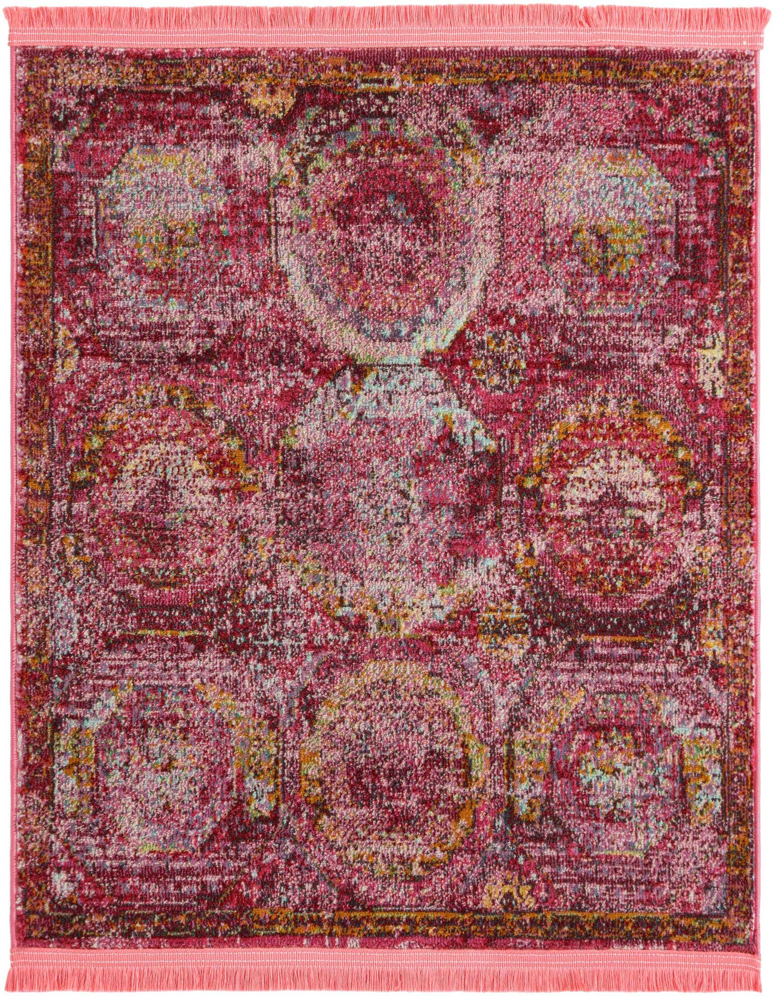 A 3' 3" x 3' 3" square pink transitional rug featuring a distressed medallion pattern and fringe.