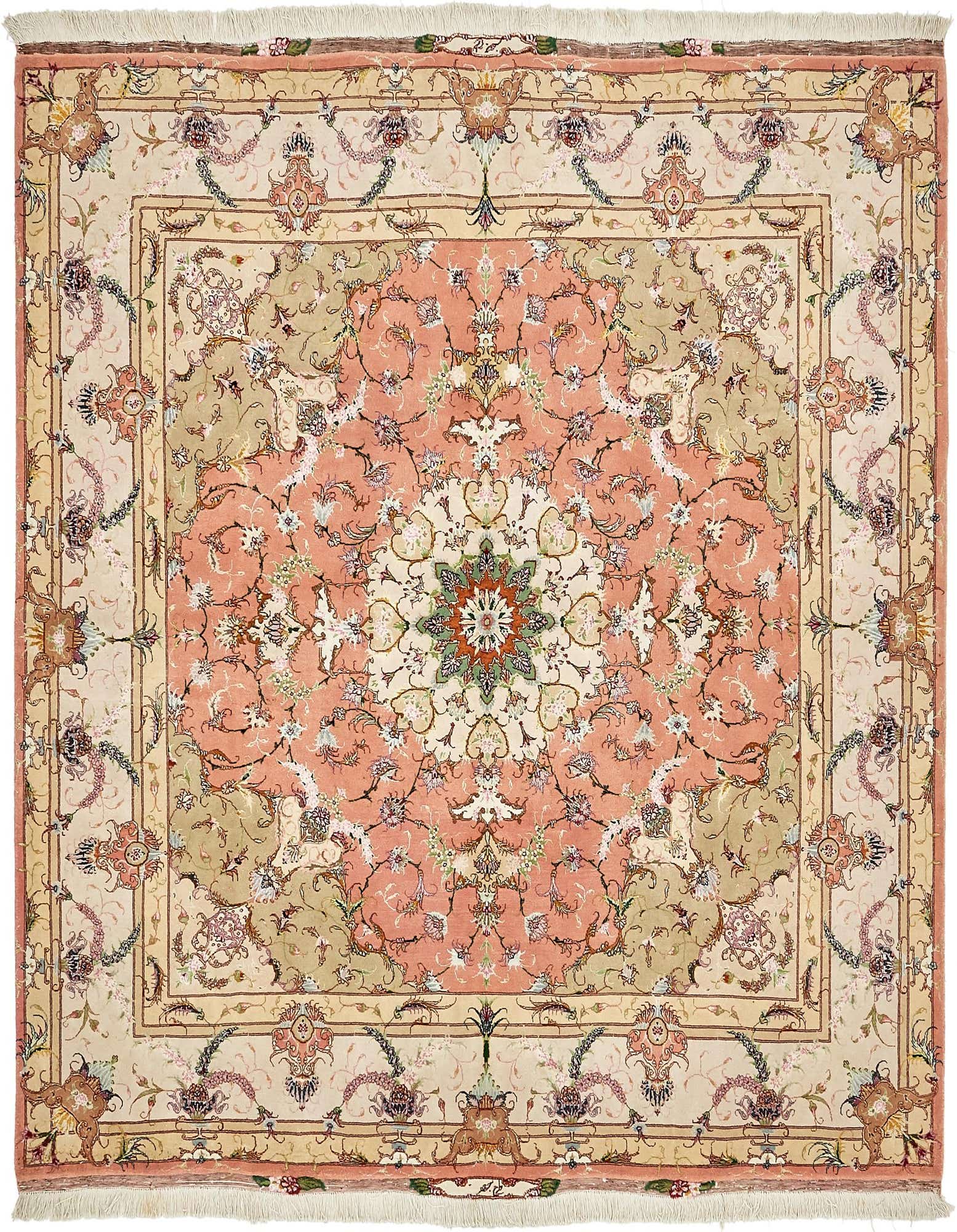 A square 6' 8" x 6' 8" traditional Persian rug featuring a central medallion and botanical patterns in shades of pink, cream, and green.