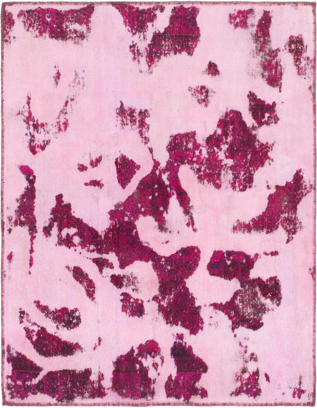 A square 4' 3 x 4' 7 pink wool rug with a distressed abstract Persian pattern, suitable for indoor use.