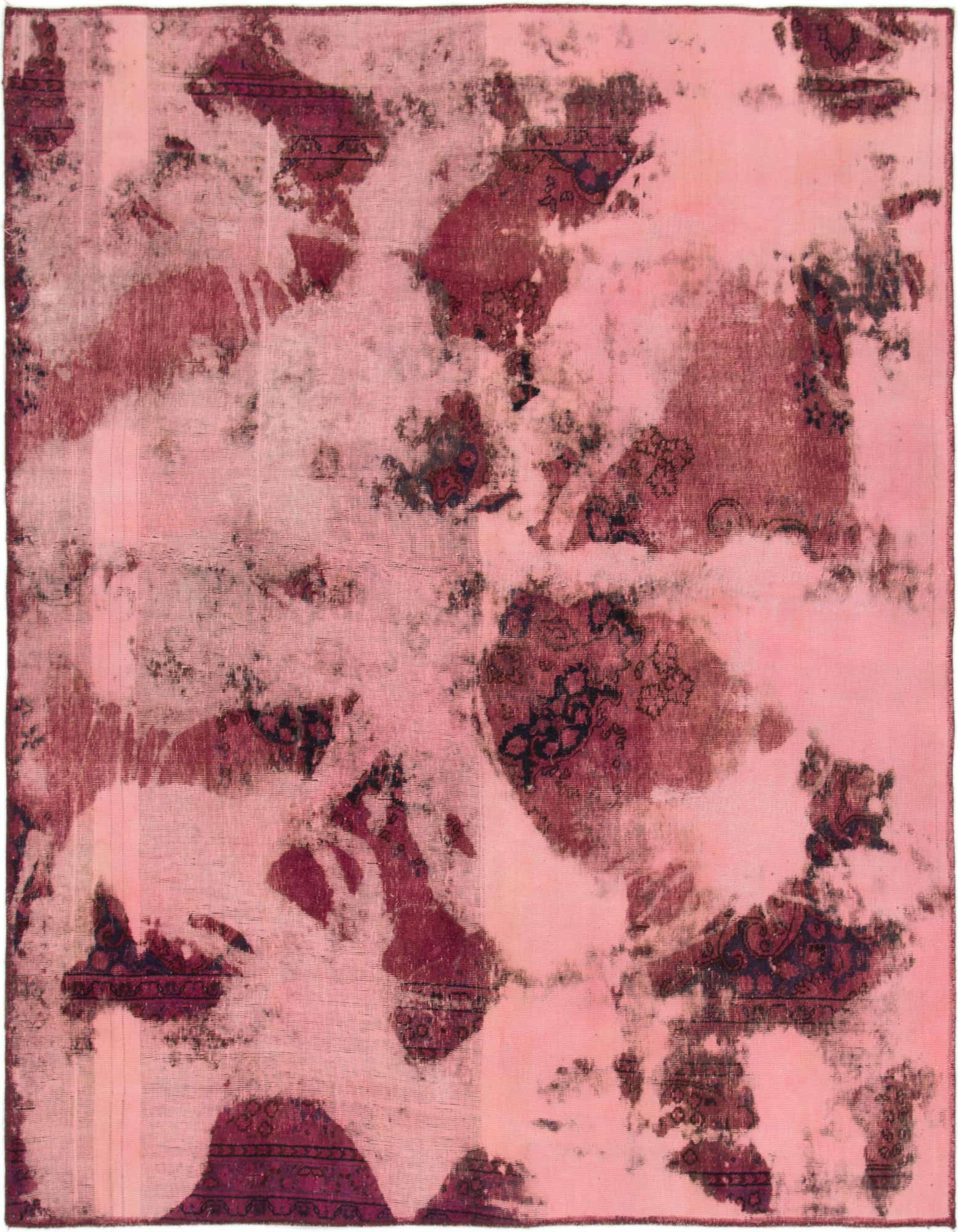 A 6' 0 x 7' 0 square pink wool rug with a distressed, abstract Persian pattern in varying shades of pink and dark accents.