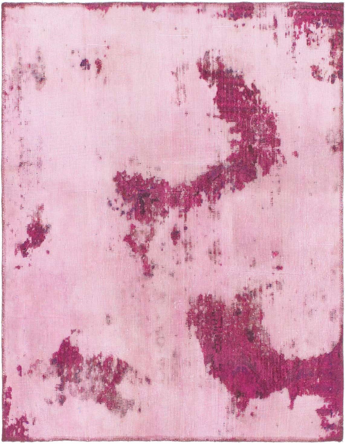 A square 4' 0 x 4' 2 pink wool rug with an abstract, distressed Persian pattern in darker pinks and fuchsias.
