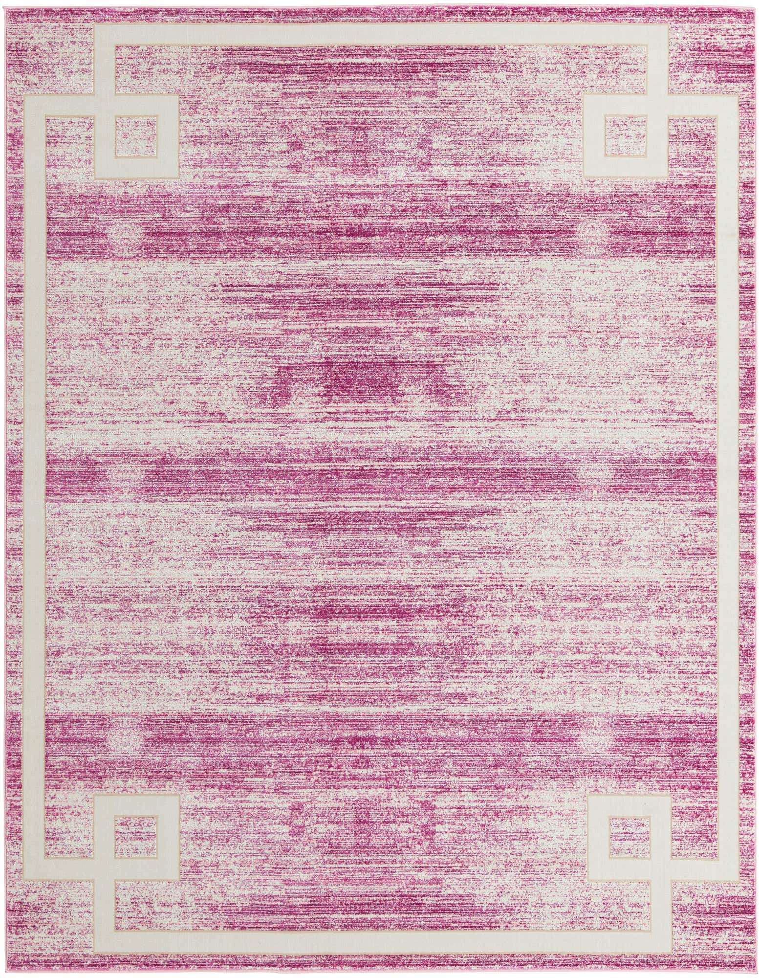 A 7' 10 x 7' 10 square pink and white contemporary area rug with a textured, distressed pattern and a clean white Greek key border.