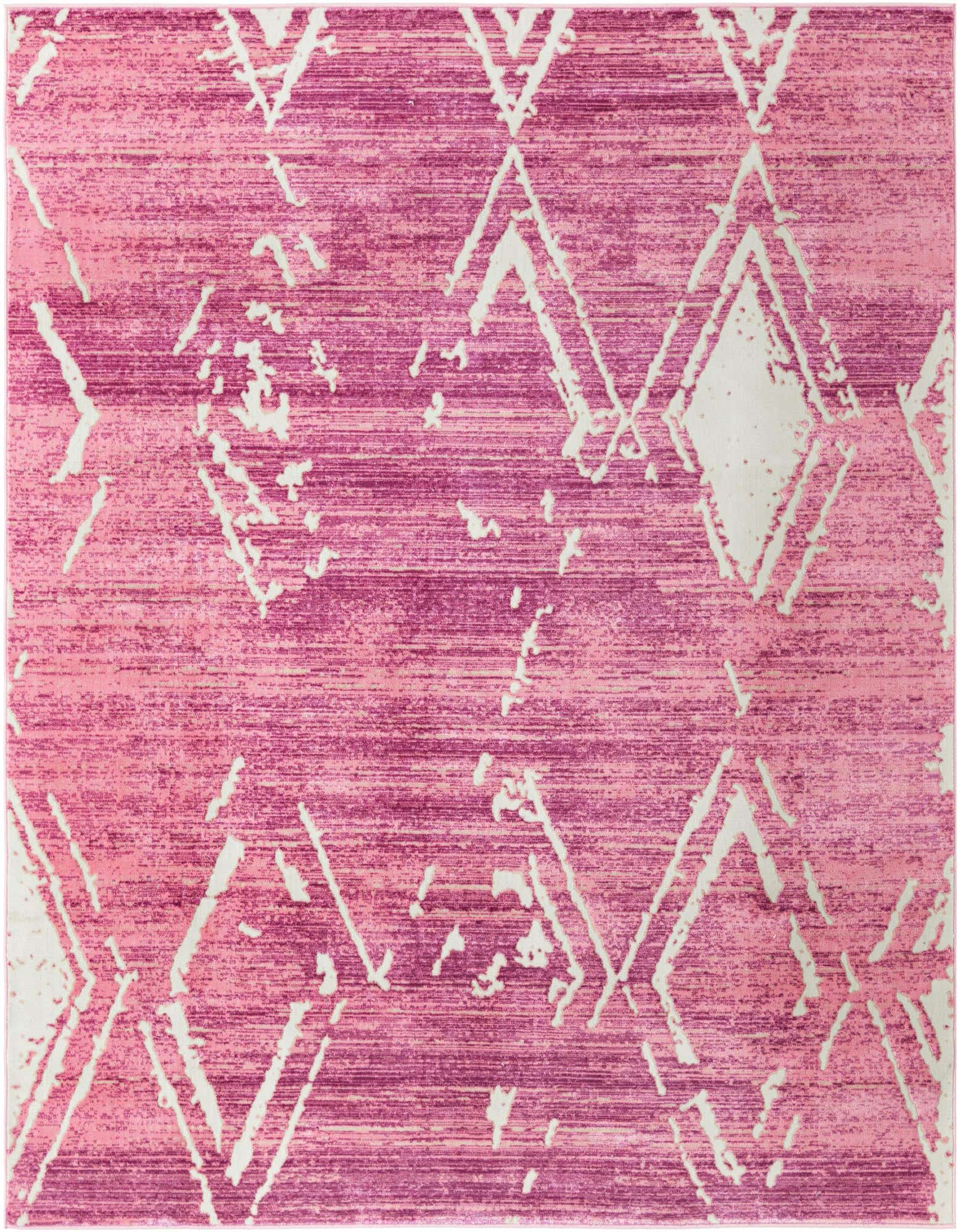 A square 7' 10 x 7' 10 pink modern area rug with a distressed white geometric diamond pattern, suitable for an indoor patio.