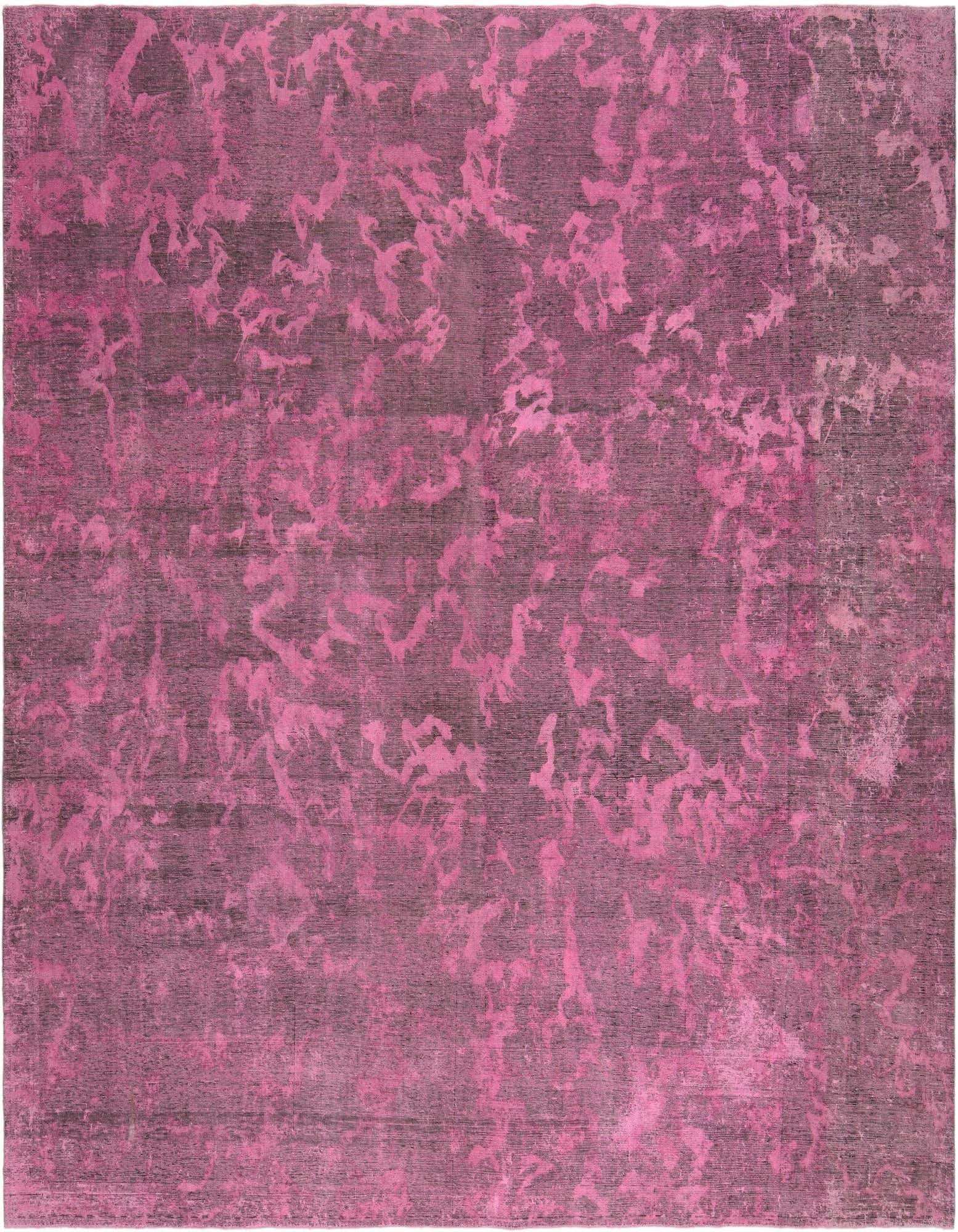 A large square 11' 3 x 11' 4 pink Persian rug with a distressed, abstract pattern in varying shades of fuchsia and dark pink, suitable for an indoor living space.