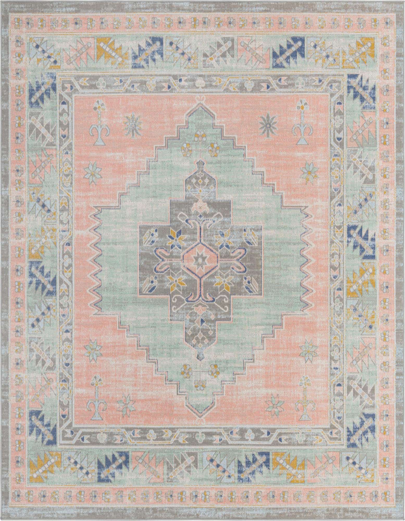 A square 7' 10 x 7' 10 pink tribal rug with a central medallion in mint green and gray, featuring vintage patterns.