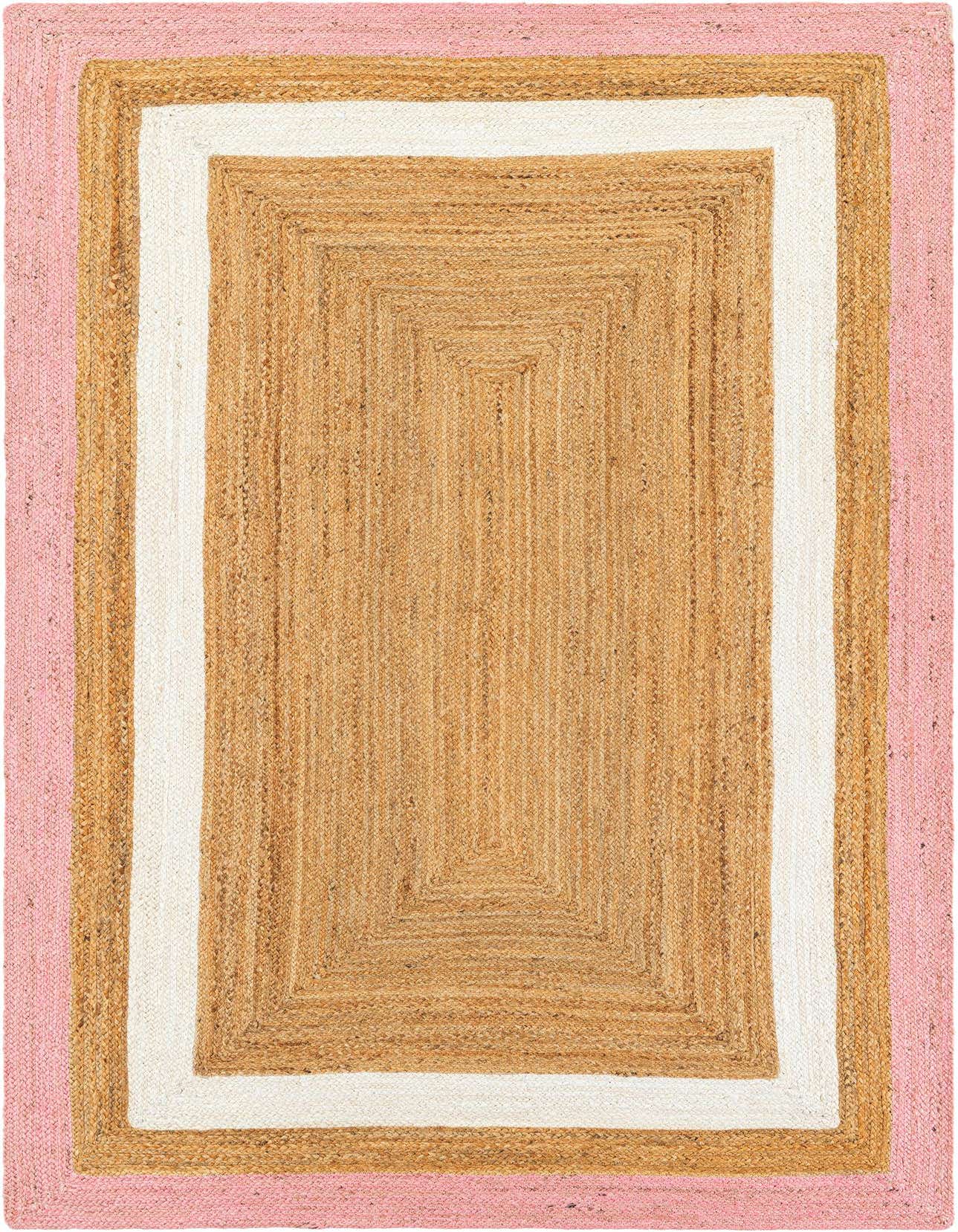A 5x8 rectangular braided jute rug featuring a natural tan center, framed by ivory, tan, and a soft pink border.