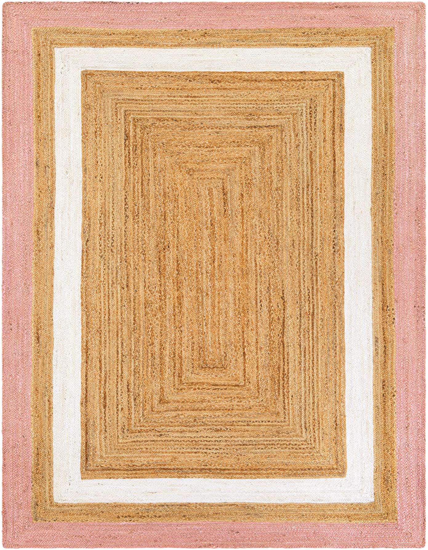 A 6x9 rectangular Braided Jute rug featuring a natural brown center, bordered by ivory, a lighter tan, and an outer pink edge.